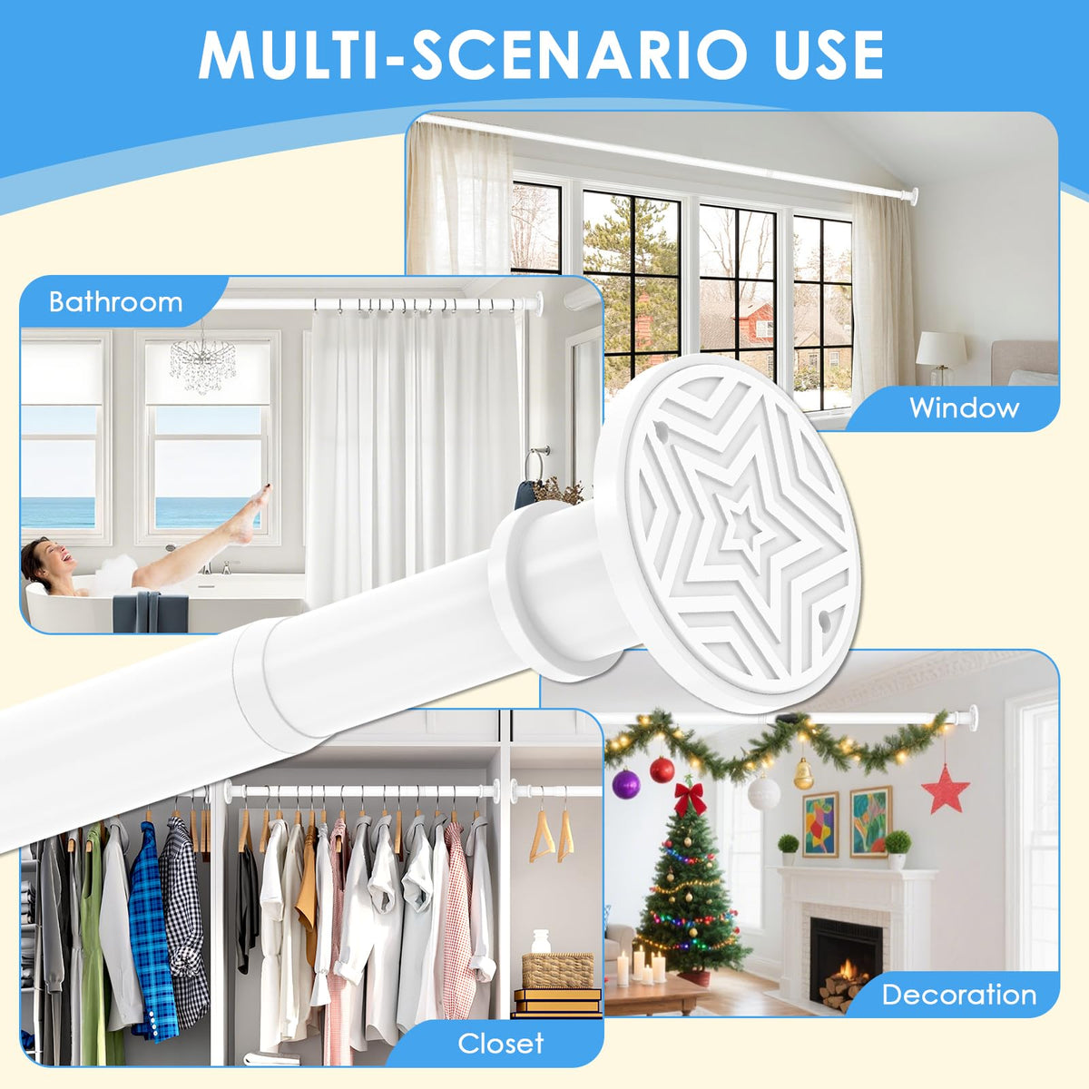 Tension Curtain Rod 31-88 inch White Shower Curtain Rods for Bathroom Adjustable Curtain Rods No Drilling for Windows Spring Rod for Closet Tension Or Screw Mount Easy Install Non Slip, No Rust