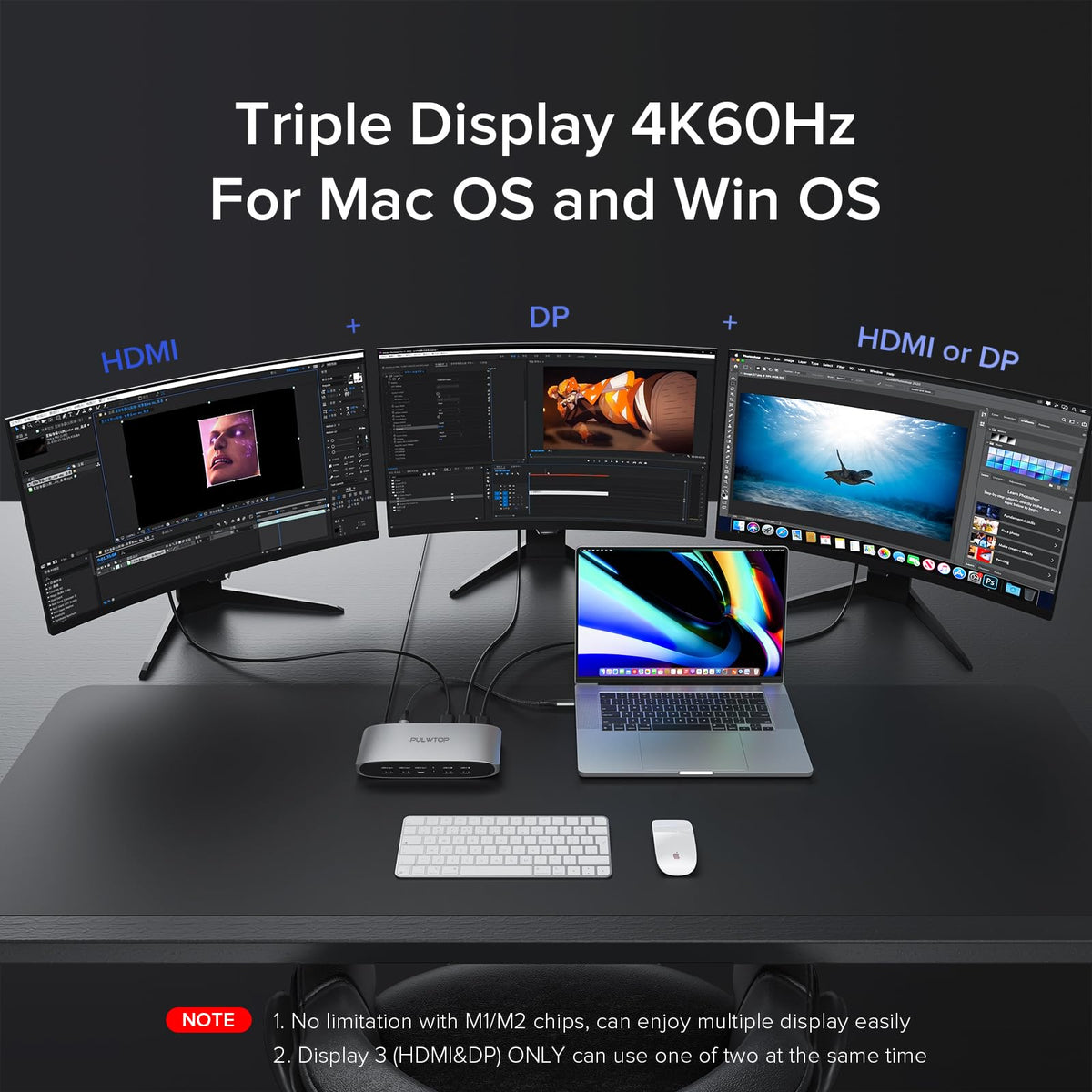 PULWTOP Displaylink Docking Station, Triple Display DisplayLink Dock for MacBook M1/M2/M3 Windows, 4K@60Hz Laptop Docking Station with 2 HDMI, 2 Display Port, PD, USB C Data, 4 USBA, Ethernet, Audio