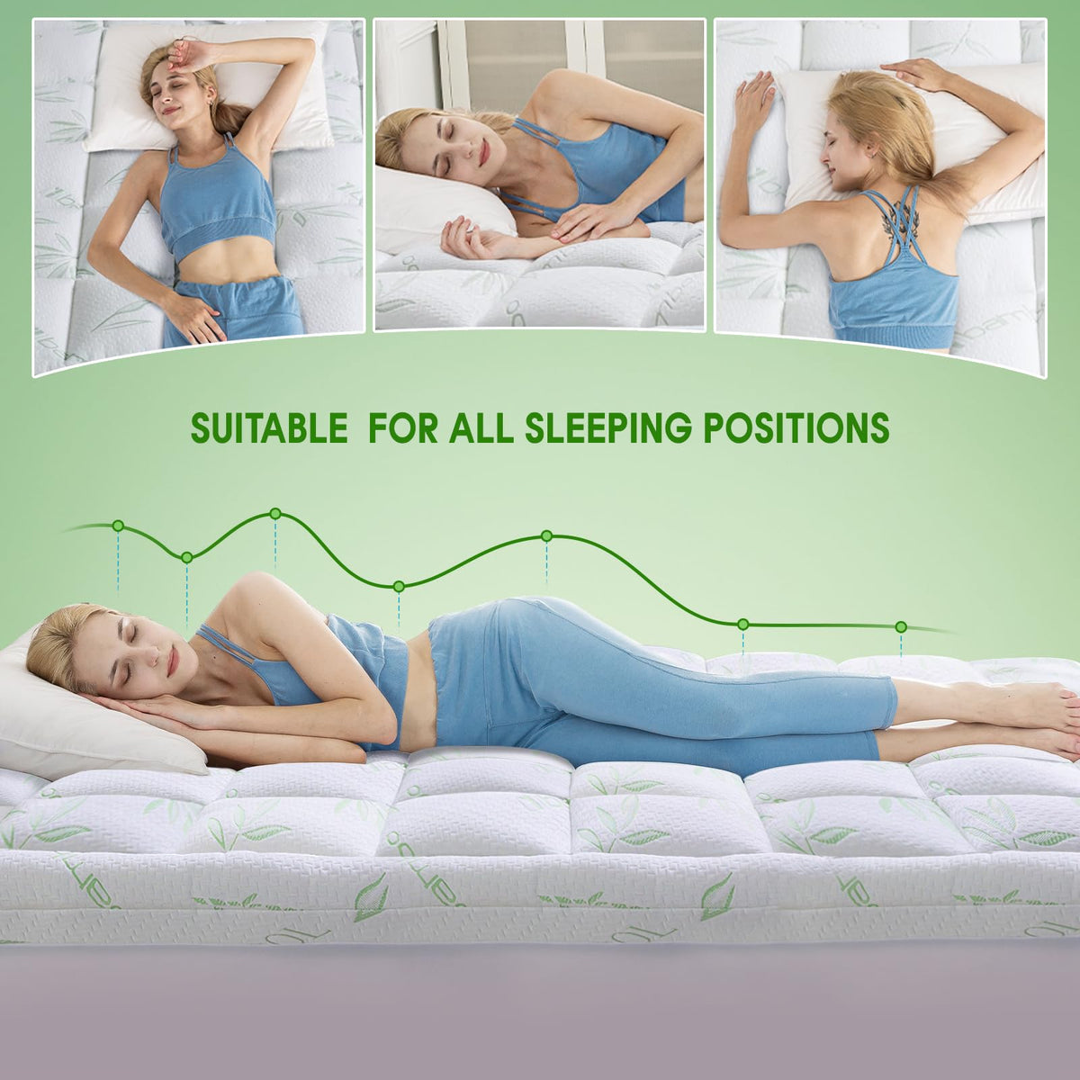 WhatsBedding Mattress Topper Queen, Soft Pillow Top Mattress Topper with Deep Pocket Fits 8–21 Inch,7D Spiral Fiber Filling, Bamboo Viscose Air Layer Queen Mattress Topper.