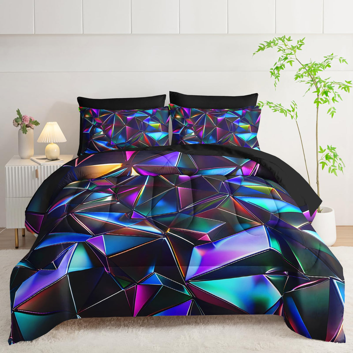lneffble 7 Piece Purple Geometric Abstract Pattern Comforter Set King Size,Abstract Diamond Print Bedding King,(1 Comforter, 1 Flat Sheet, 1 Fitted Sheet, 2 Pillowcase and 2 Pillow Sham)