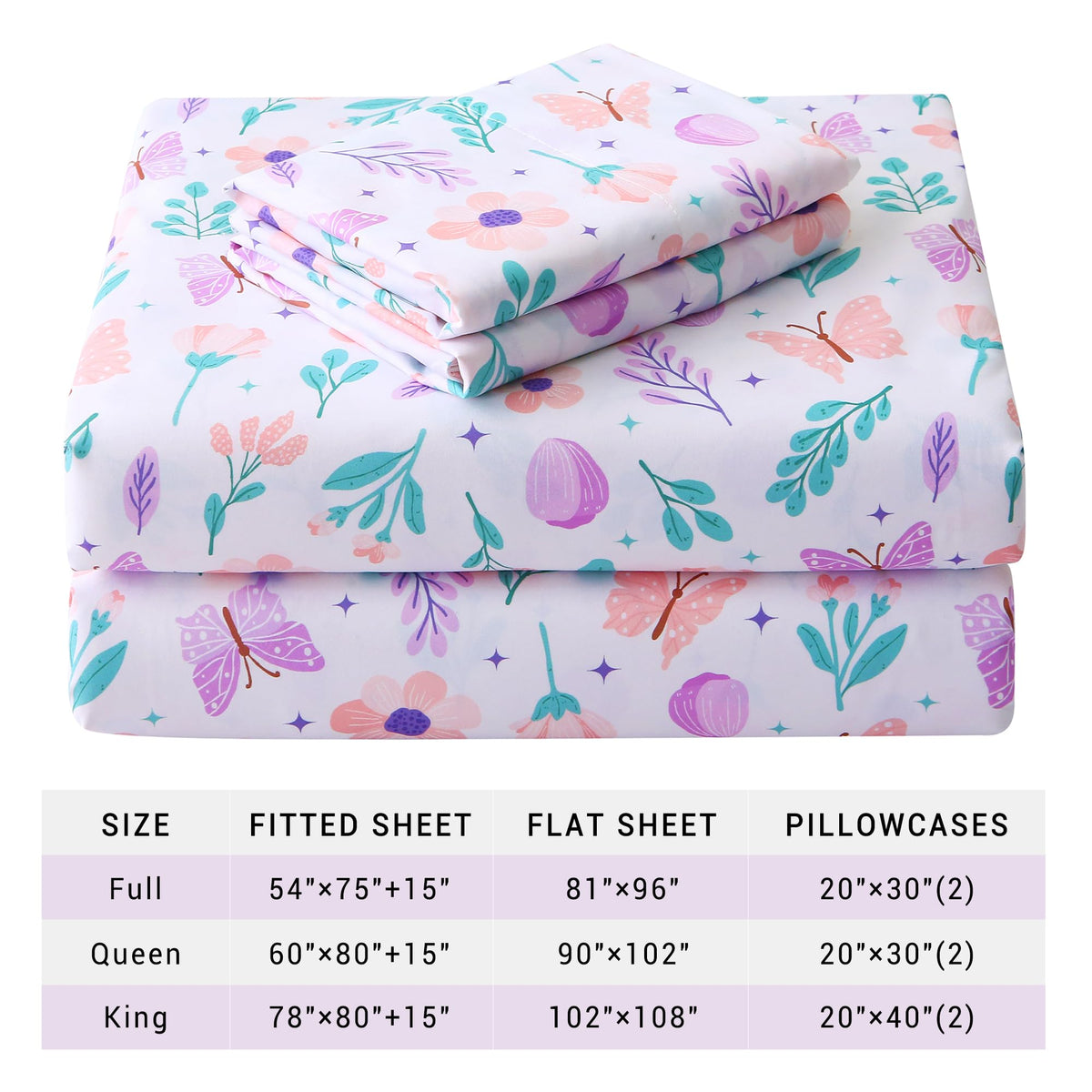 Viviland Floral Twin Sheet Set - 3 Piece Pink-Purple Butterfly & Flower Botanical Patterned Bed Sheets - Soft, Breathable Microfiber Sheets with Deep Pocket, Non-Slip Fitted Sheets & Pillowcases