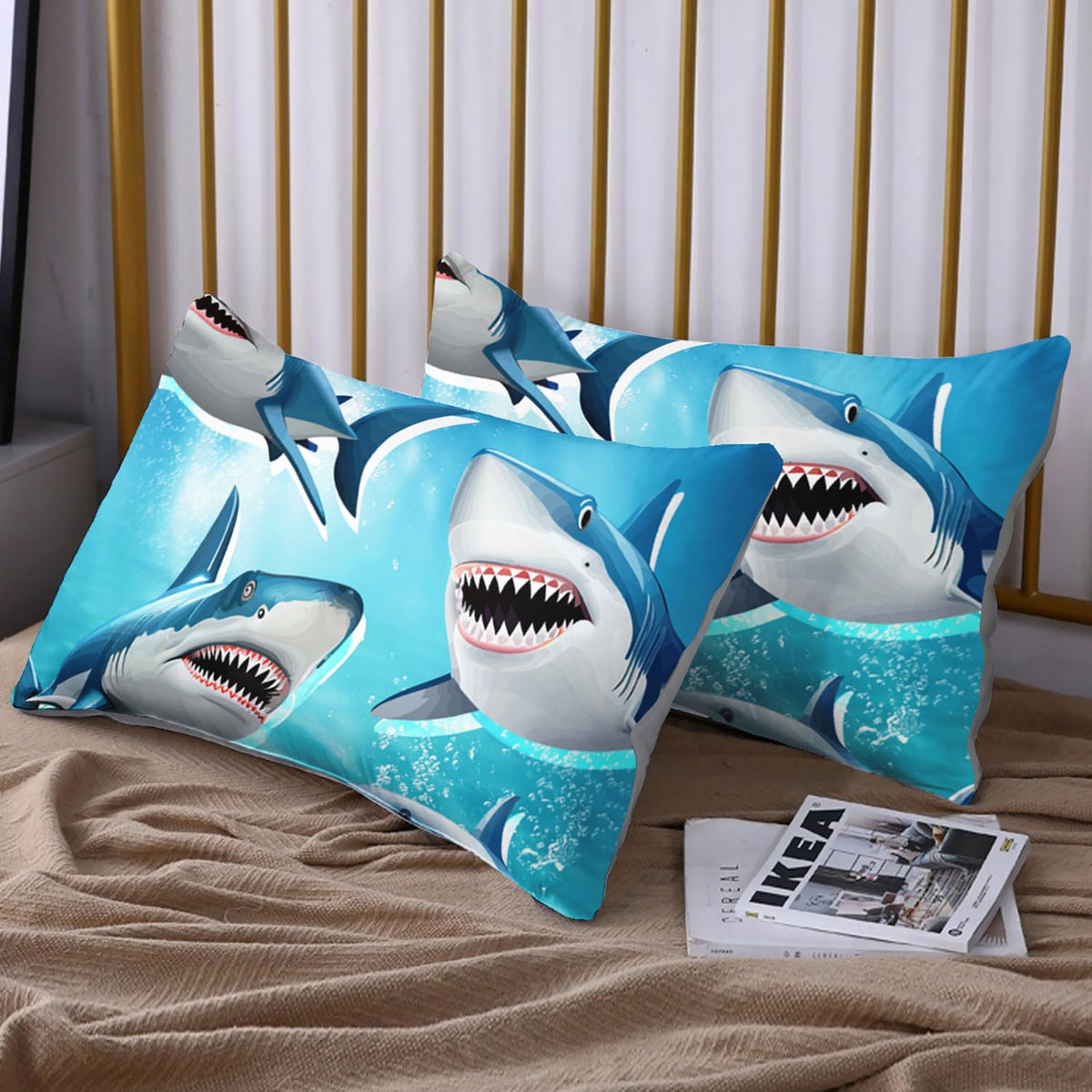 HOSIMA Teens Shark Print Fitted Sheet Set,Shark Swimming in The Underwater World Pattern Bedding Sets Full Size,Ocean Animal Theme Fitted Sheet for Kids Boys Room Decor,1 Fitted Sheet+2 Pillowcases.
