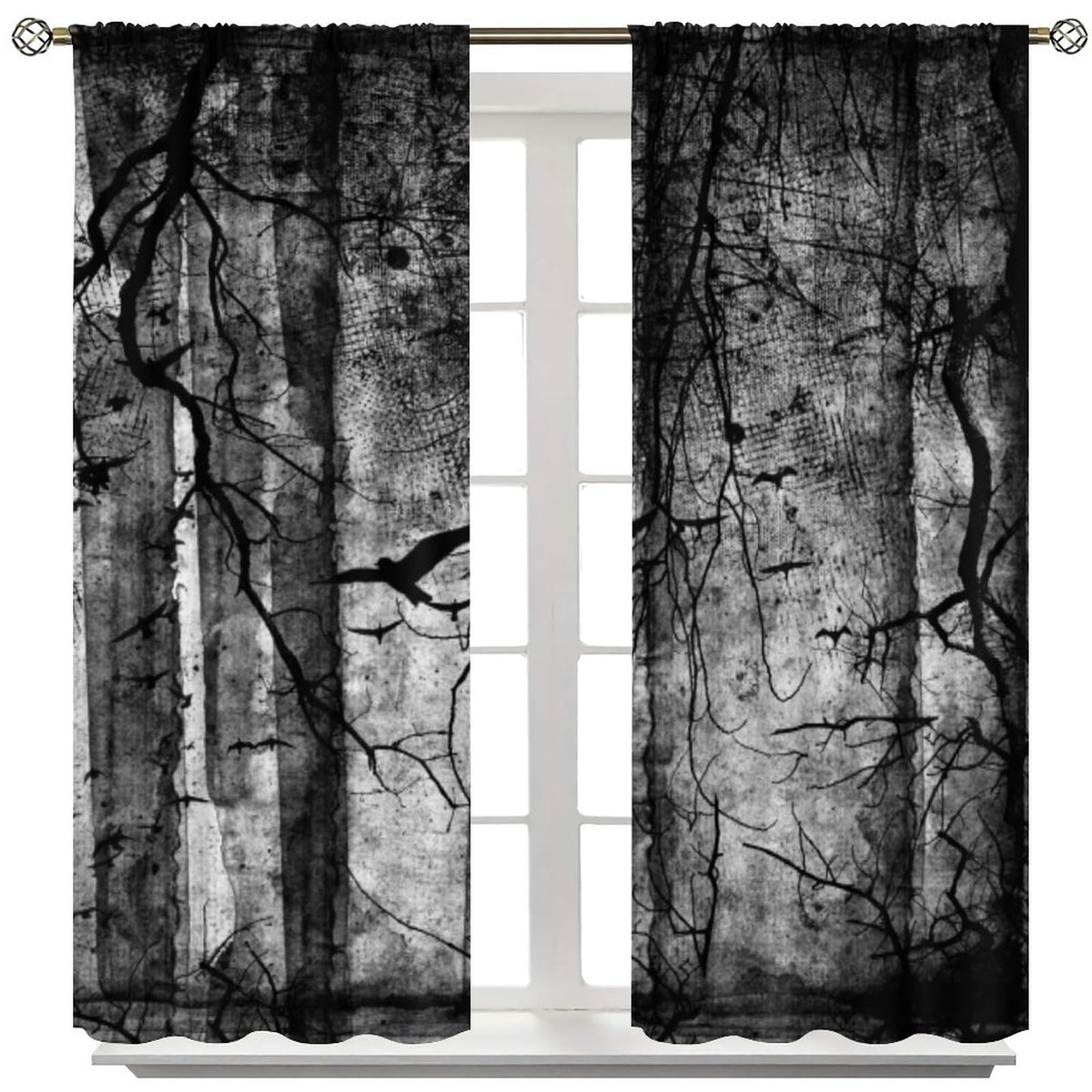 Gothic Crow Curtains,Abstract Black Birds Raven Dark Halloween Window Treatments for Bedroom Living Room Kitchen Window Drapes 2 Panel Set,Total Size 42 x 45 Inch