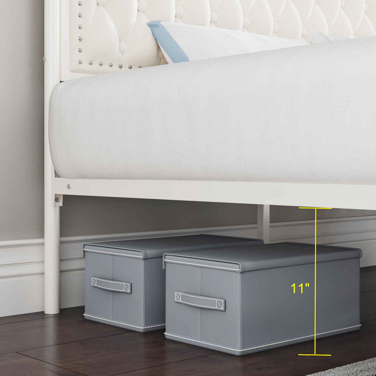 Keyluv Full Upholstered Canopy Bed Frame with 2 Storage Drawers & Button Tufted Headboard, Metal Platform Bed with 4 Removable Posts, Two-Purpose Velvet Bed, Beige/Curtain Not Included