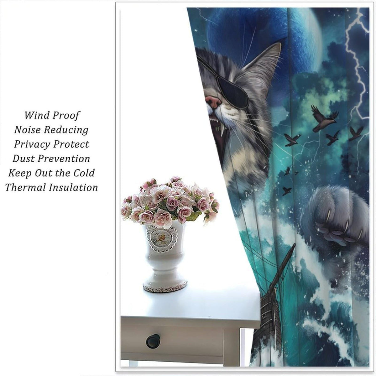 Pirate Cat Curtains for Kids Funny Pirate Ship Sea Ocean Waves Nautical Sailboat Moon Cool Animal Beach Seagull Cute Pattern Window Treatments For Boys Teen Bedroom Living Room 42x44.5In(No Blackout)