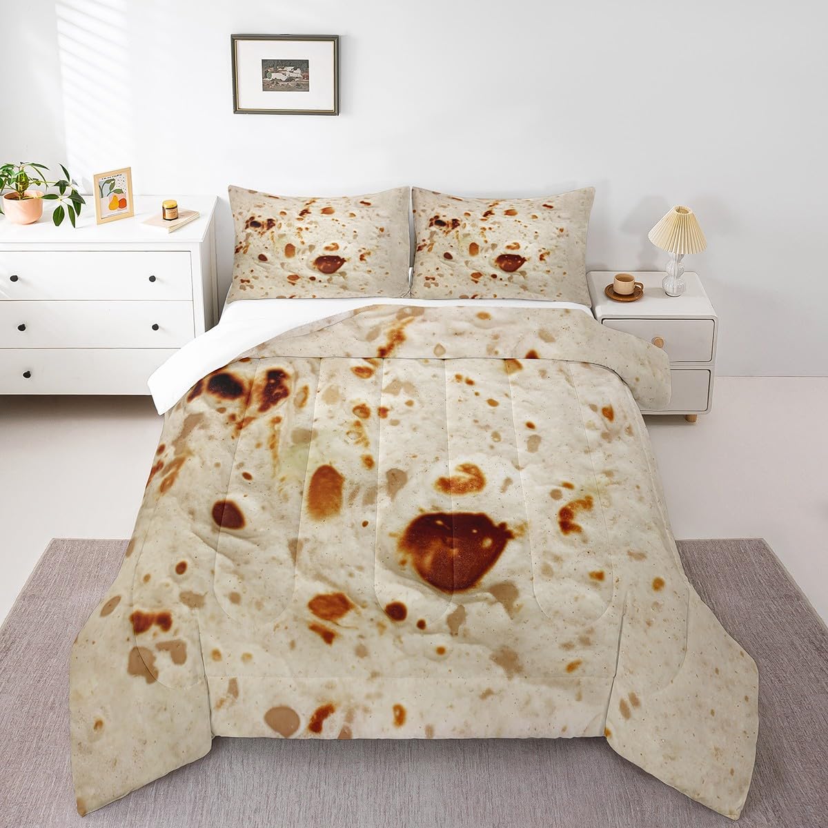 Feelyou Burritos Tortilla Bedding Set for Adult and Kids Ultra Soft Giant Funny Realistic Food Comforter Set Set Breathable Novelty Soft Flannel Taco Comforter King Size Quilted