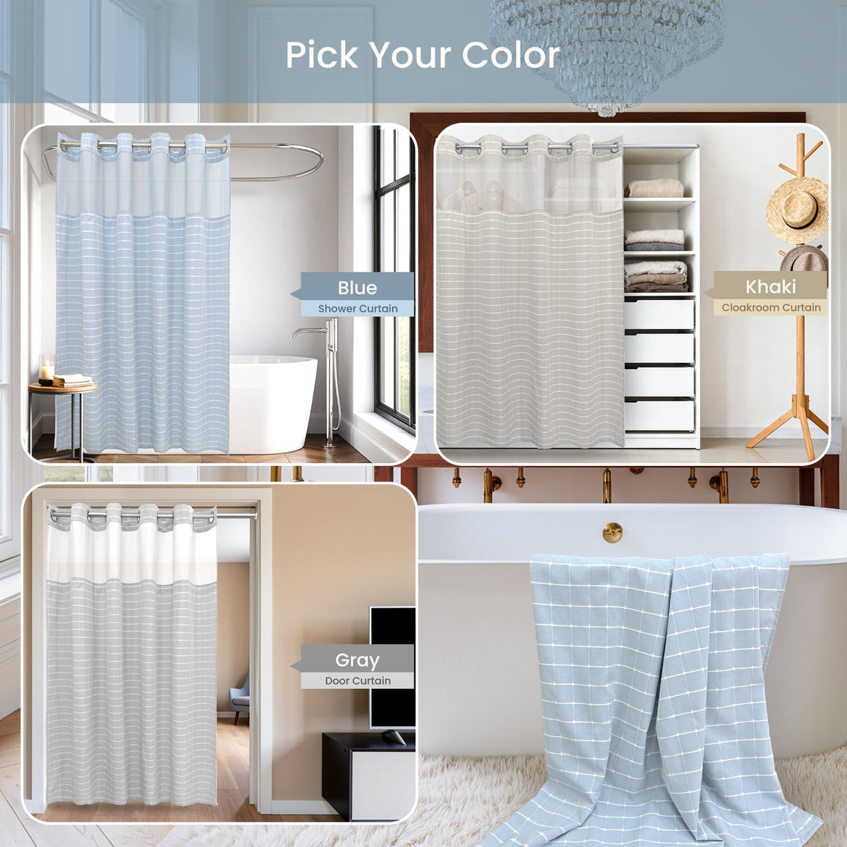 DRIFTED ROOT No Hook Shower Curtain Set with Snap-in Detachable Liner and Mesh Top Window, Grid Jacquard Fabric, Water-Repellent, 4 Hem Magnets, Side Suction Cups, Blue, 72 x 80 Inch