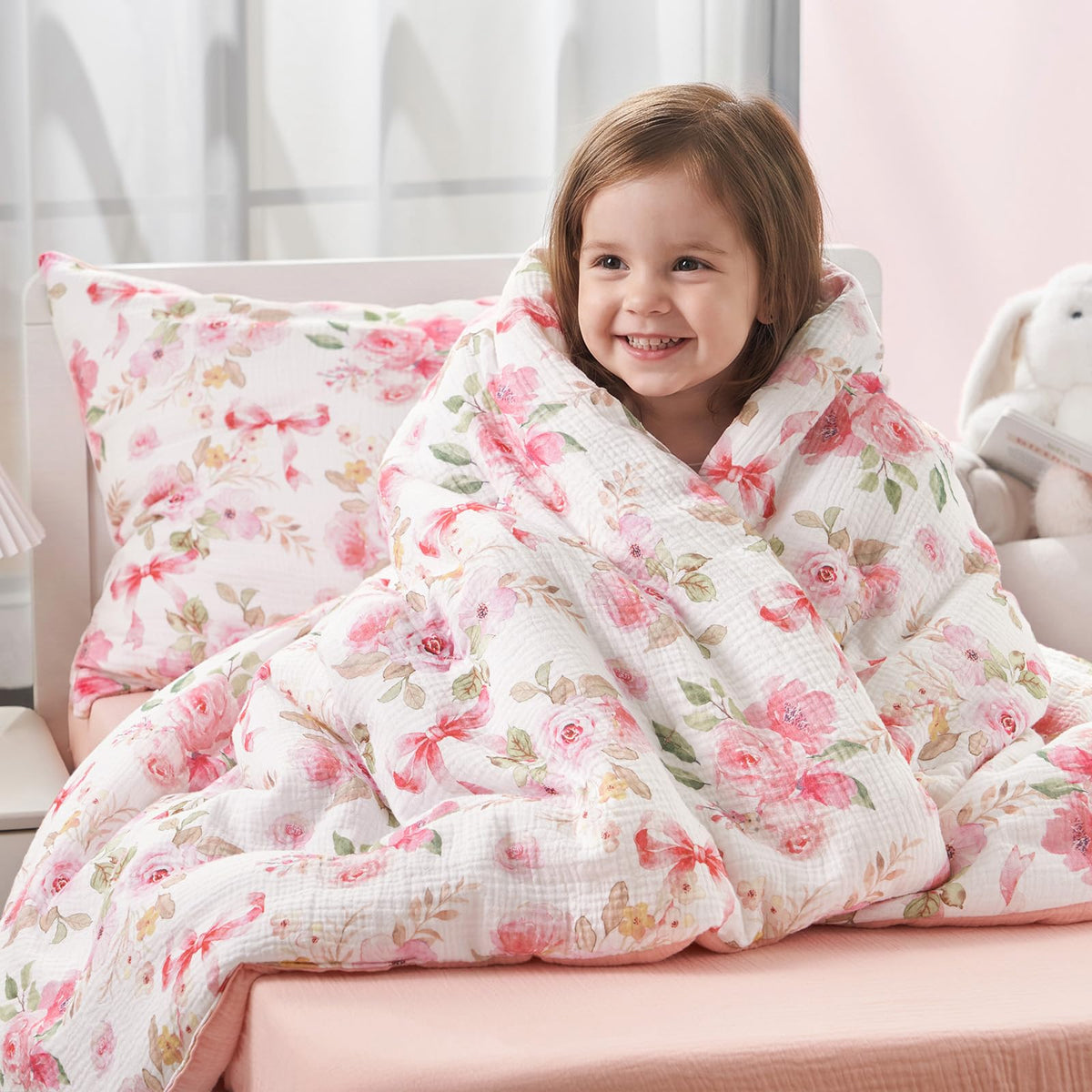 PHF Cotton Muslin Toddler Bedding Set, Soft 3 Piece Toddler Comforter Kids Bed Set, Pink Flower Bow Bedding Set for Girls