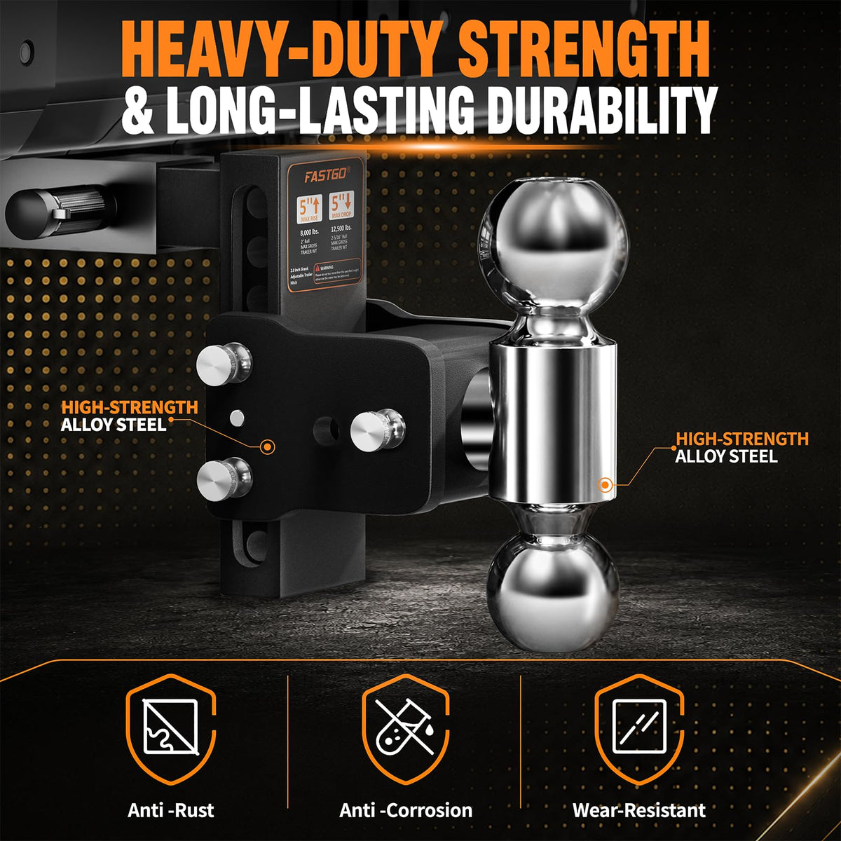 Fastgo Trailer Hitches - Fits 2" Receiver, Adjustable Trailer Hitch Ball Mount, Dual Ball (2" x 2-5/16") Tow Hitch, Drop Hitch, Truck Hitch, Anti-Theft, 5" Drop/Rise, 12500GTW