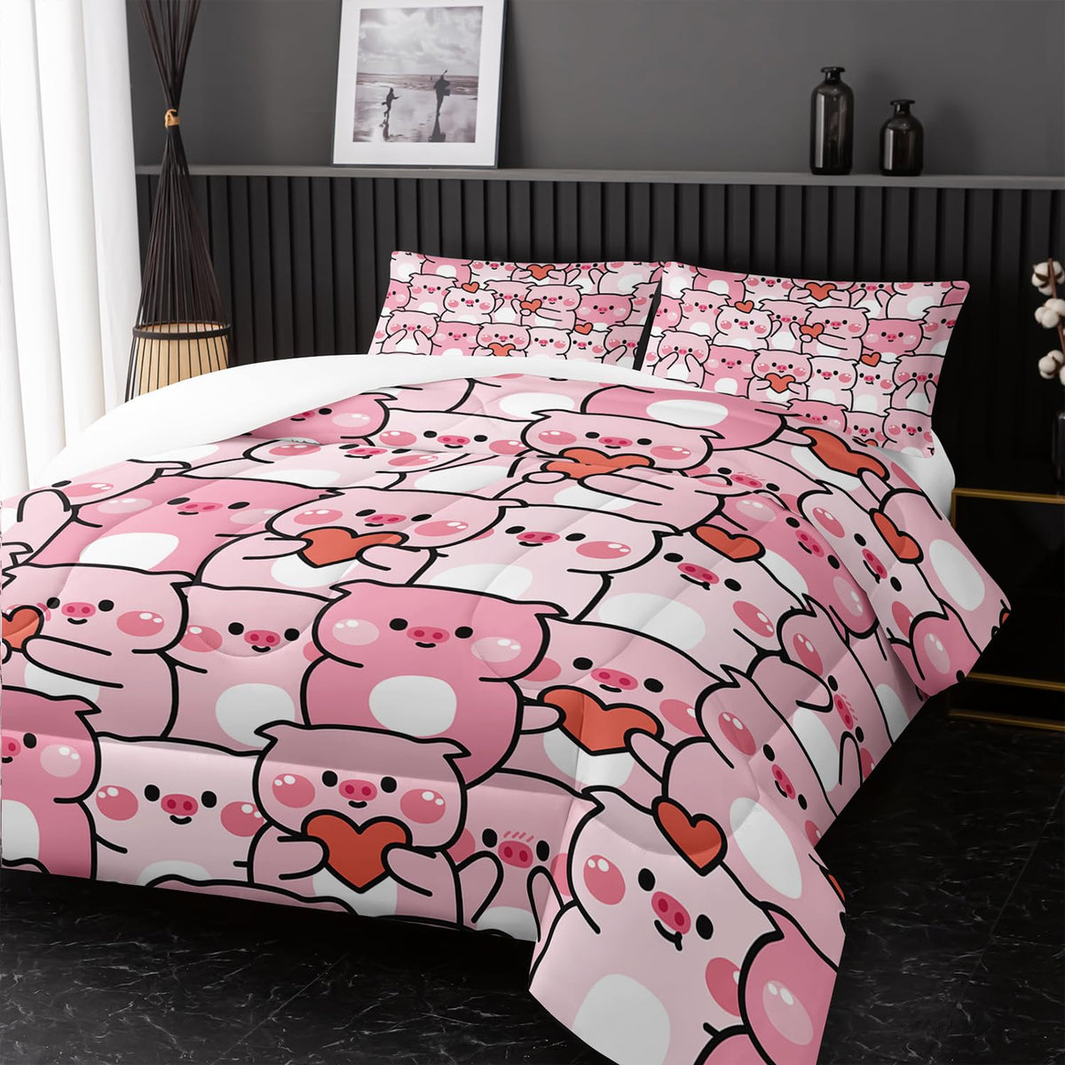 Pink Pig Comforter Set Twin,Kawaii Pink Cute Animals Bedding Set for Kids Boys Girls Teens Room Decor Kawaii Animals Comforter Set Farmhouse Wildlife Theme Bedroom Living Room Decor,All Season