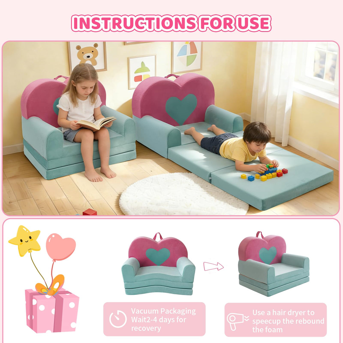 KKS KAKINNSYUU 2 in 1 Toddler Couch Kids Sofa, Fold Out Foam Couch Convertible to Lounger, Soft Plush Toddler Sofa for Playroom, Kids Furniture Gift for Birthday Childrens Day, Pink Heart