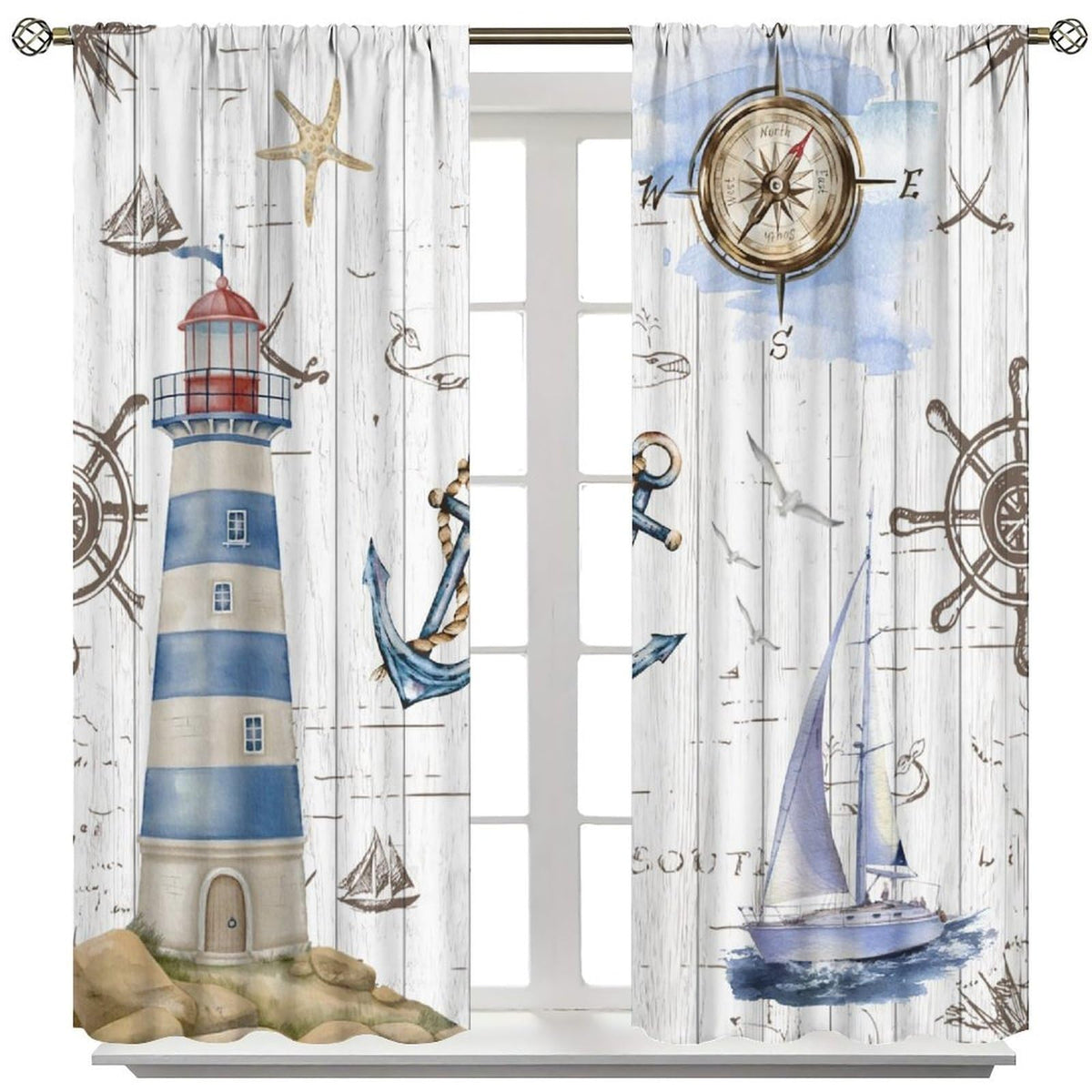 Nanacur Lighthou Nautical Map Curtains, Ocean Vintage Adventure Compass Anchor Shell Rod Pocket Window Treatment for Kids Bedroom Living Room Kitchen Drapes 41" W X 45" L (No Blackout)