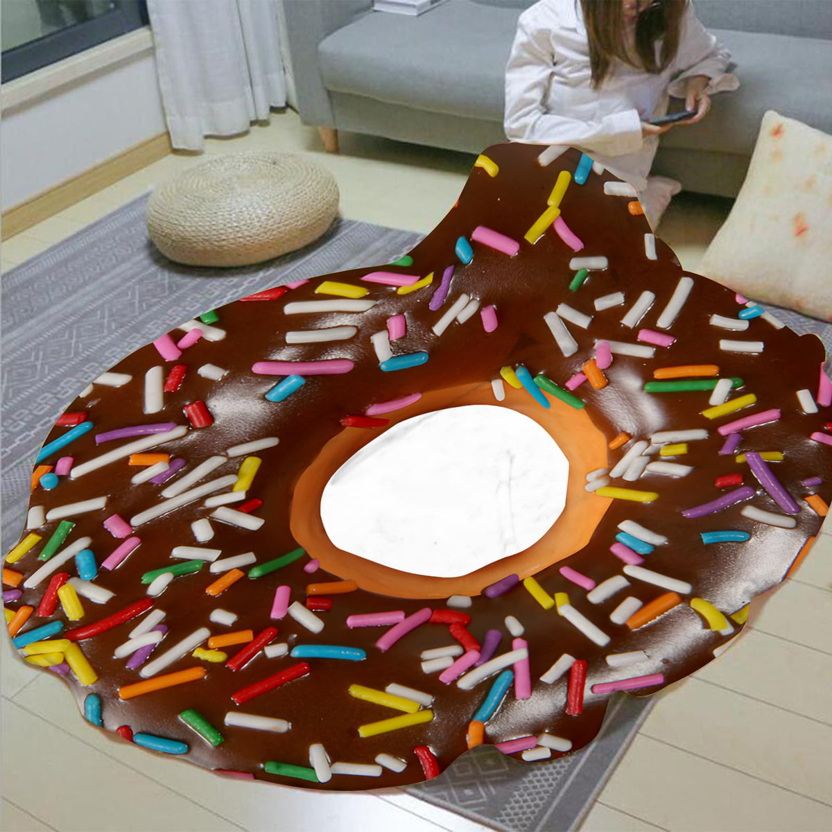 Chocolate Doughnut Donut Blanket for Kids Adults Round Cozy Flannel Funny Gifts Realistic Food Throw Blankets Novelty Soft for Men Women for Bed Couch 48 Inches