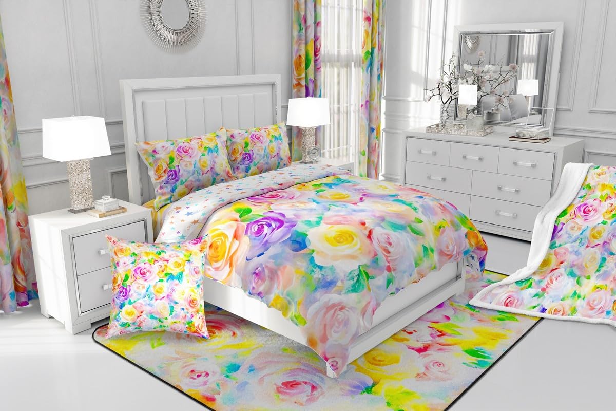 Feelyou Rose Flower Bedding Sheets Girls Women Like Full Yellow Pink Flower Bed Sheet Set Garden Flower Fitted Sheet Pretty Botanical Bed Cover 3Pcs,1 Fitted Sheet+2 Pillow Sham(No Flat Sheet)