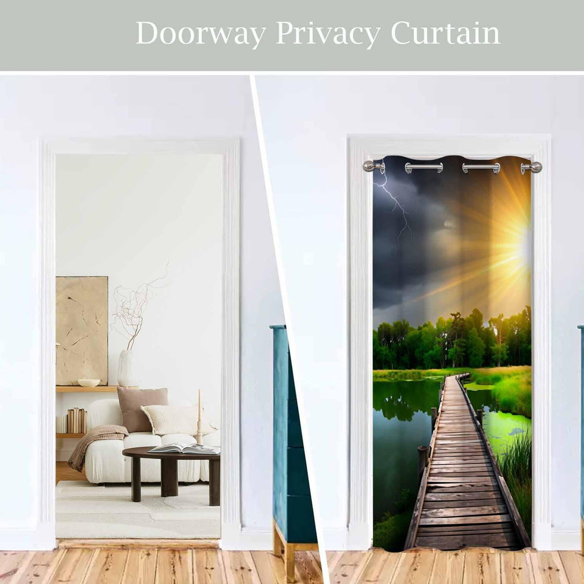 Haciadan Wooden Bridge Sliding Door Curtain River Sunset Green Grass Doorway Curtain 1 Panel 34" W X 80" L Door Drape for Kitchen Restaurant