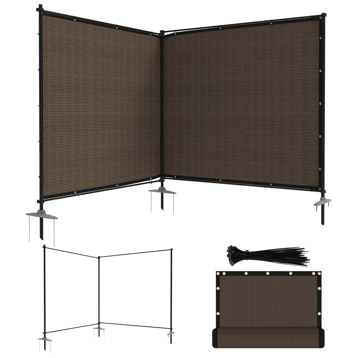 ECOOPTS Privacy Fence Set with Poles and Rails Ground Spikes Fence Kit for Garden Patio Pool Yard (5'Hx12'L, Brown)
