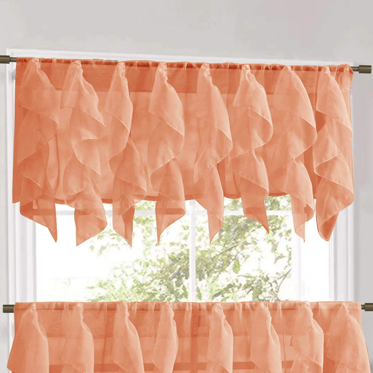 Veritcal Ruffled Kitchen Curtain Sheer Cascading Ruffle Waterfall Window Treatment - Choice of Valance, 24" or 36" Tier, and Kit (Kitchen Curtain Vertical Ruffle)