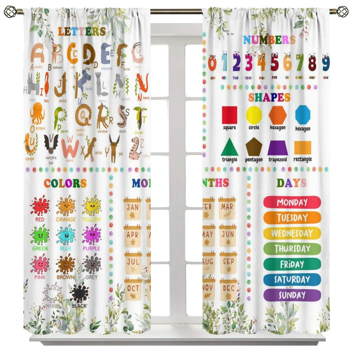 Kids Alphabets ABC Curtains,Cartoon Numeric Color Animal Nursery Eucalyptus Leaves Plant Funny School Education Window Drapes Print for Boys Girls Baby Children Toddler Bedroom 42x45in(No Blackout)
