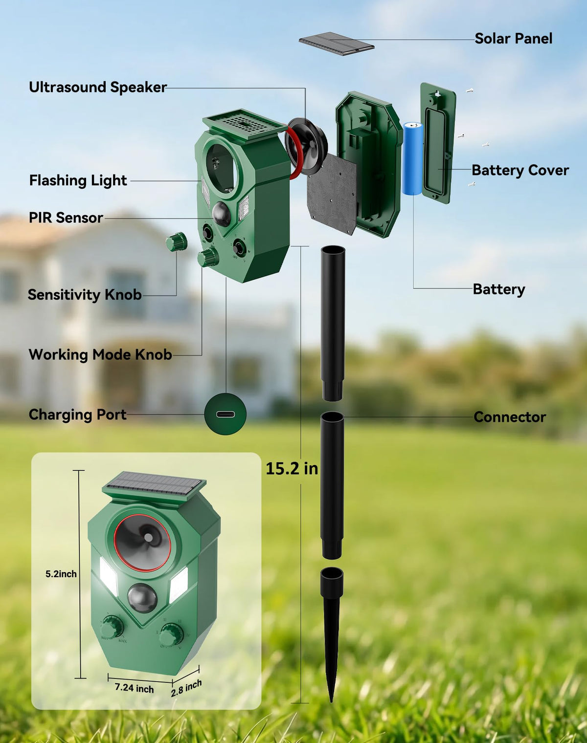 4 Pack Solar Deer Repellent Devices with Motion Sensor & LED Lights, Waterproof Cat Repellent Outdoor, Ultrasonic Animal Repeller Repels Dog, Raccoon, Skunk, Coyote for Garden, Yard & Lawn