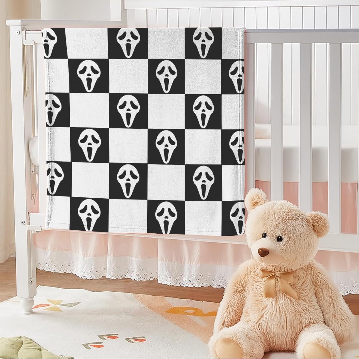 YWZDS Spooky Face Throw Blanket, Black and White Checkered Pattern, Halloween Ghost Blankets Fuzzy Gifts for Sofa Couch Bedroom (50 * 60 inch)