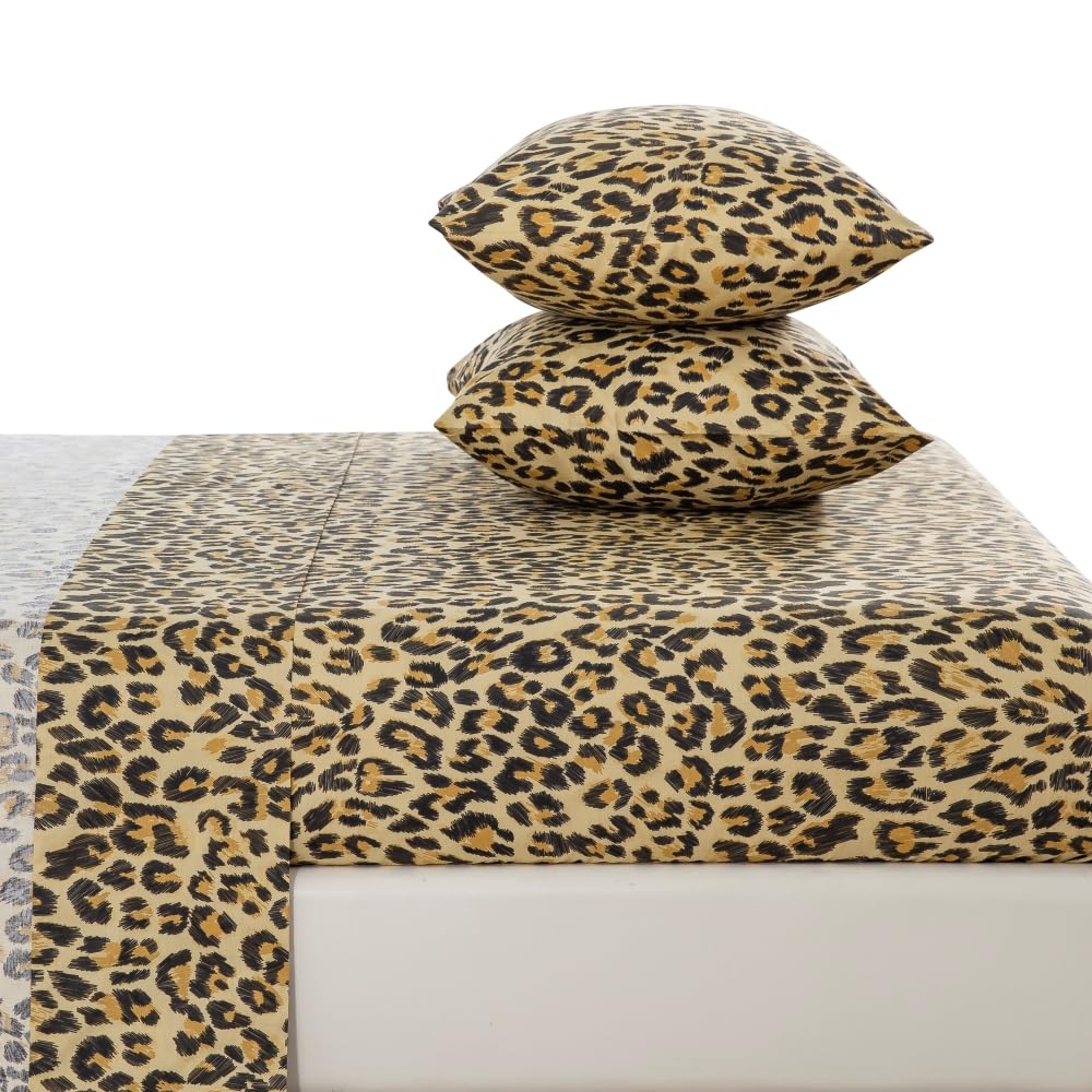 DAUAOTO King Size Printed Sheets Set, 100% Cotton Bedding Sets, Up to 14" Deep Mattress, Modern Pattern Bedlinen Set, Leopard Yellow