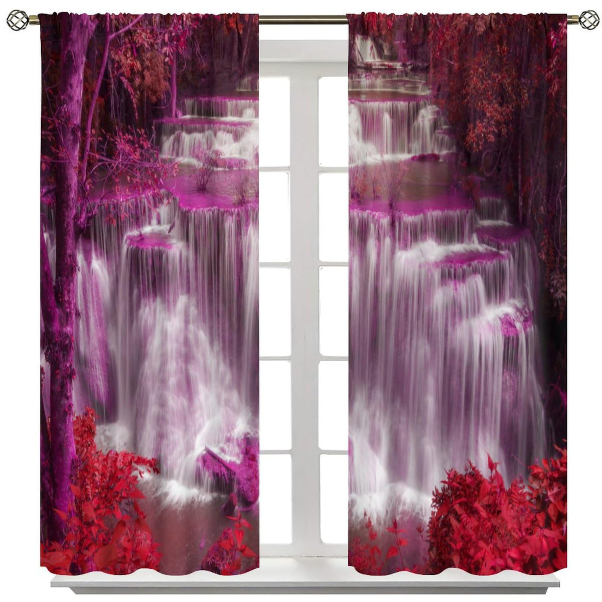 Waterfall Curtains,Spring Nature Theme Pink Red Floral Forest Landscape Scenery Pattern Waterproof Fabric Rod Pocket Window Drapes for Bedroom Living Room Set 2 Panels,42x45 Inches
