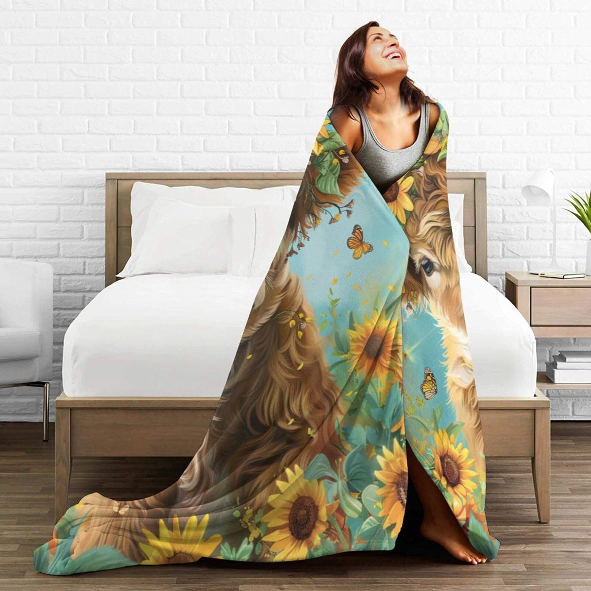 Qycazzw Highland Cow Blanket Gifts for Women Girls Kids, Sunflower Farm Animal Throw Blankets, Soft Cozy Flannel Throws for Sofa Couch Bedroom Decor 50x60in