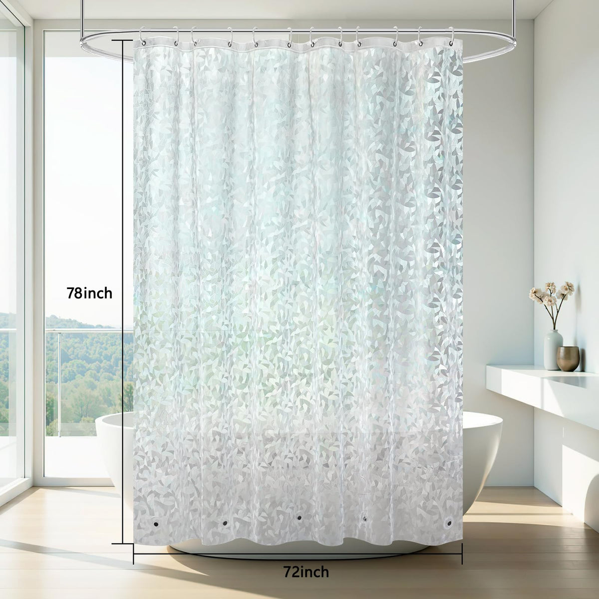 AooHome Long Shower Curtain Liner - EVA 3D Decals Stained Glass Pattern Design Bathroom Shower Curtain with Hooks, 5 Bottom Magnets, Heavy Duty, Water Repellent, Semi Transparent, 72x78 Inch