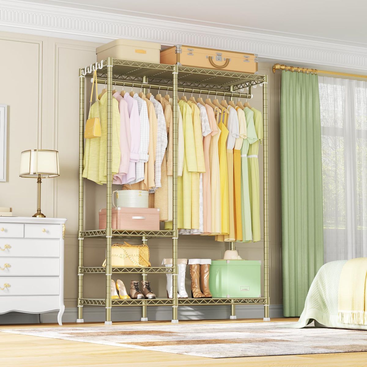 Ulif F4 Heavy Duty Clothes Rack (With Hanger Rod) Freestanding Clothing Racks for Hanging Clothes,Adjustable Closet Organizer System, Portable Garment Rack 45"W x 15.8"D x 71.3"H,Max Load 600LBS, Gold