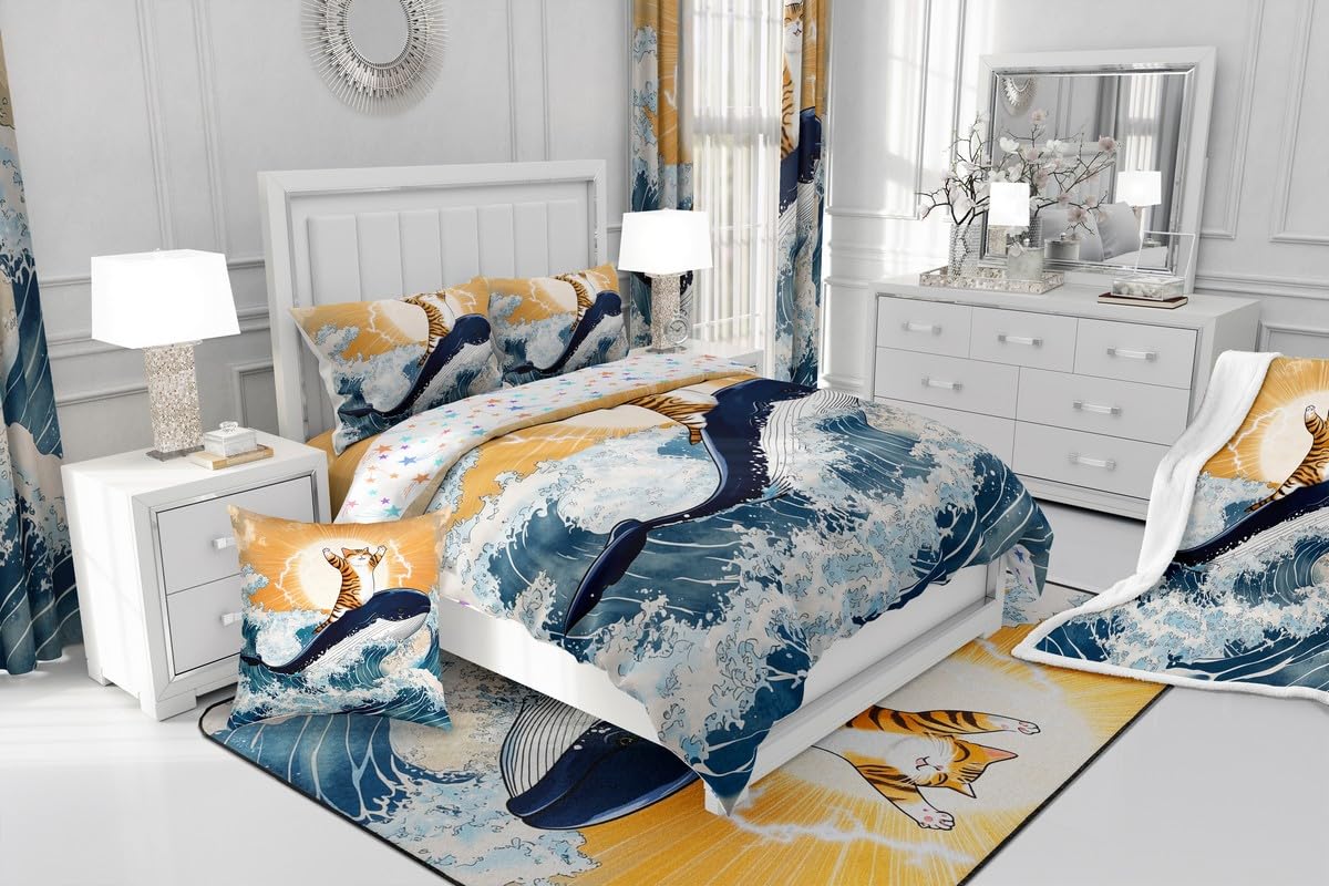 Feelyou Cute Cat Whale Bedding Sheets Full Japanese Ukiyoe Theme Bed Sheet Set for Adult Kids Cartoon Anime Fitted Sheet Navy Blue Bed Cover 3Pcs,1 Fitted Sheet+2 Pillow Sham(No Flat Sheet)