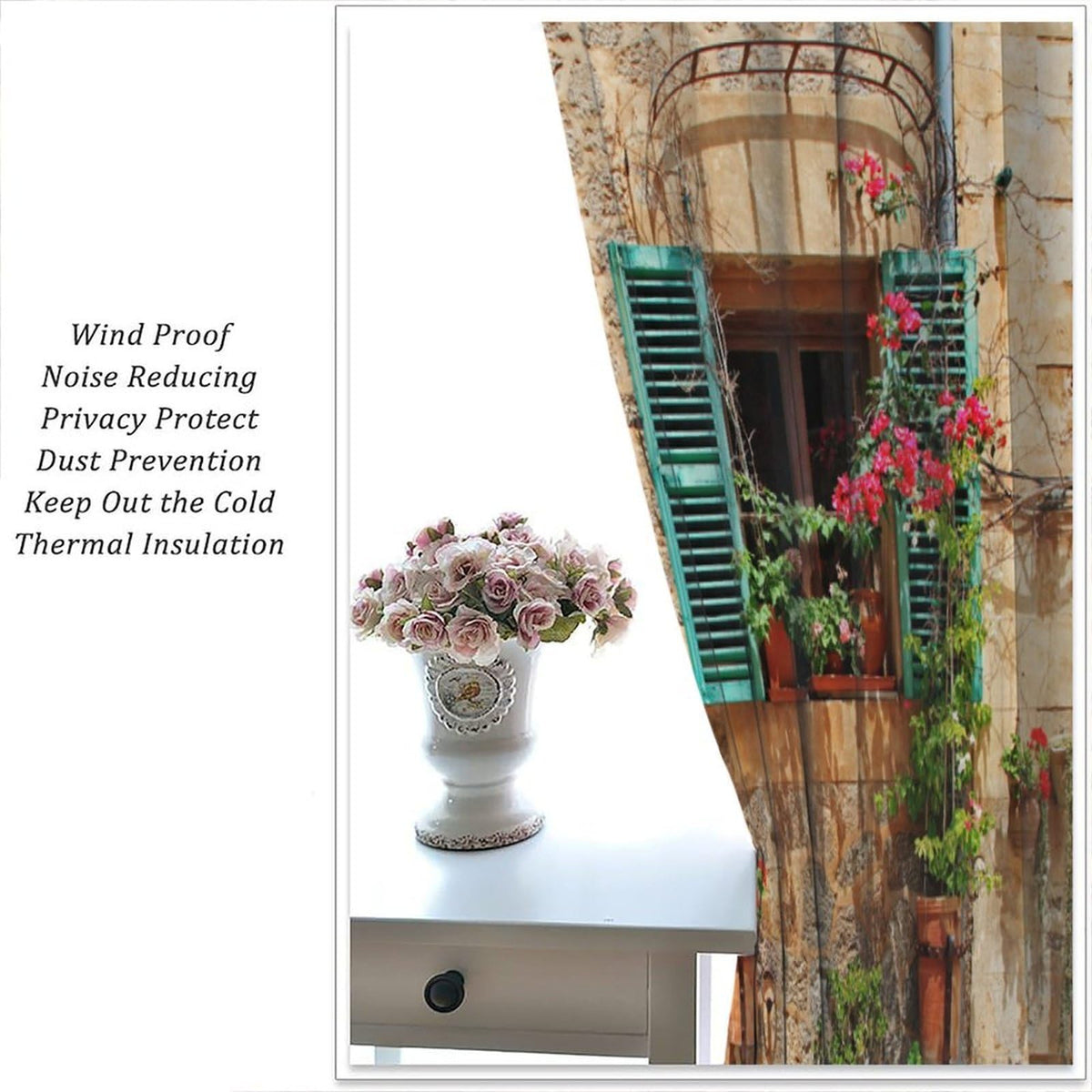 AAVEUP Italian Curtains for Kitchen Old Mediterranean Street Stone Rock House Floral Porches Pastoral Town Scenery Print Windows Treatments for Bedroom Living Room Bathroom 41x44.5in(No Blackout)