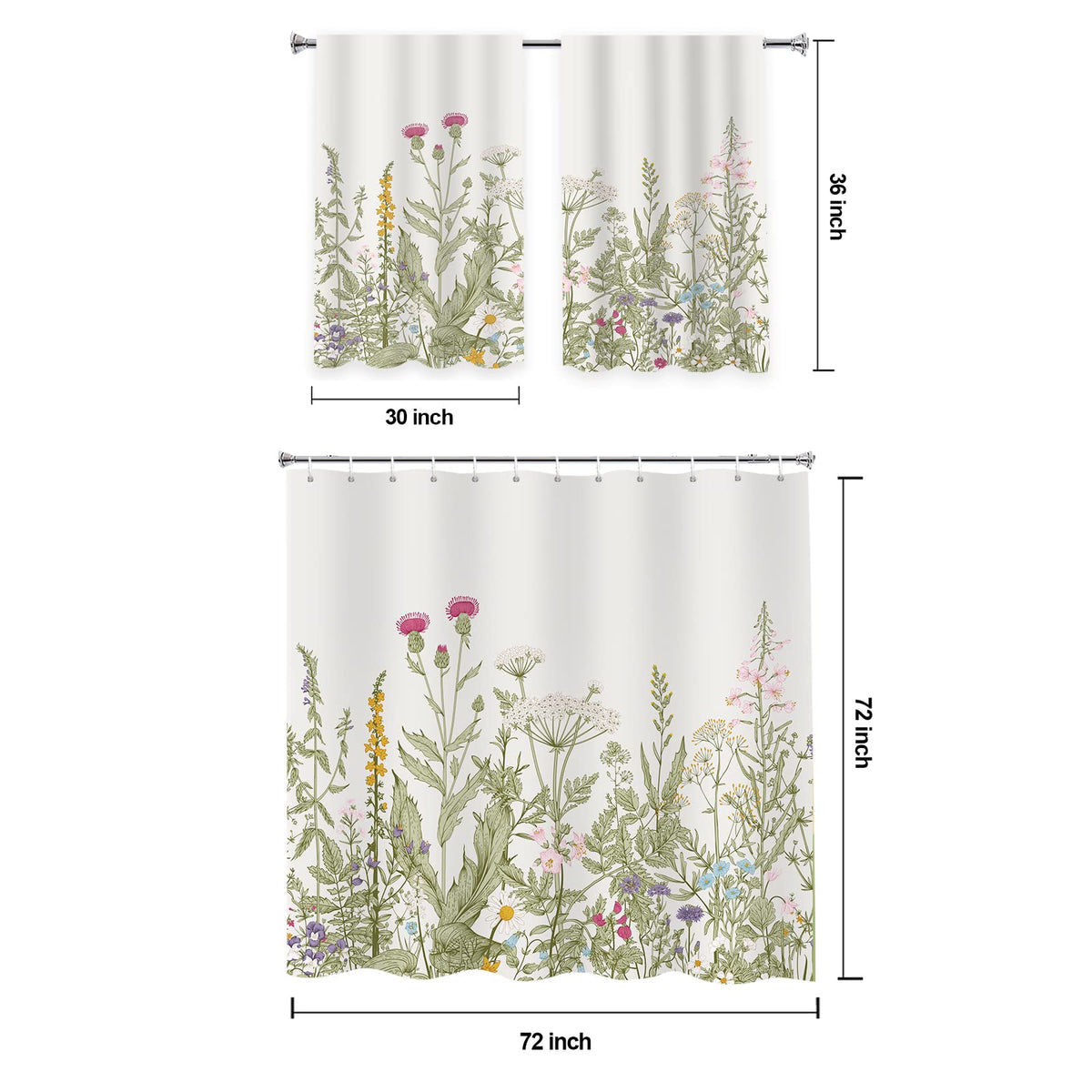 YISURE 2 Piece Wildflower Botanical Shower Curtain Set with Window Curtain, 72x72 with 30x36 inches, Floral Plant Sage Green Leaves Decorative Shower Curtain with Matching Window Panel