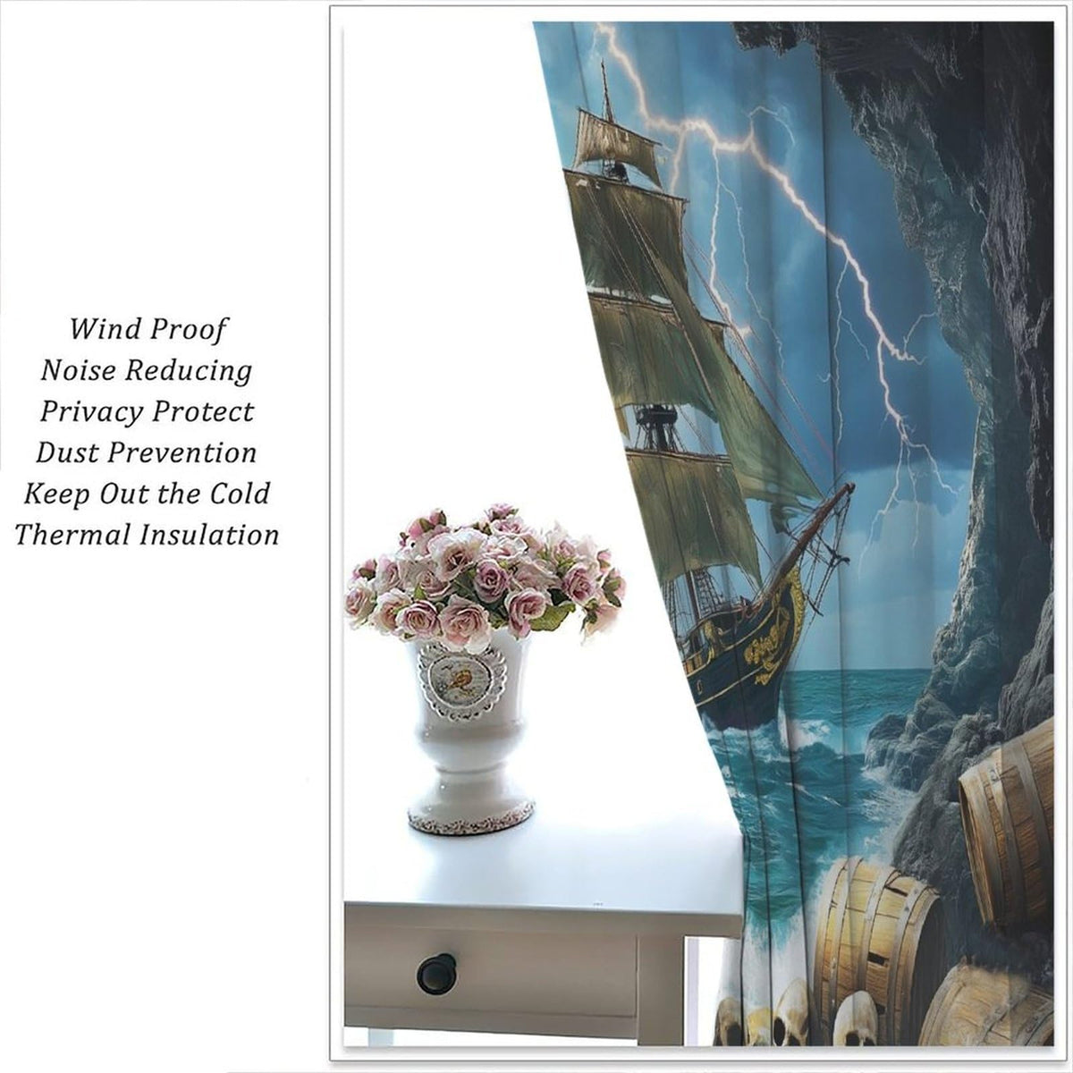 wlsgdsg Pirate Ship Curtains for Boys Retro Medieval Nautical Era Pirate Ship Treasure Gold Coin Pattern Window Treatments for Kids Teen Bedroom Living Room 42x44.5In(No Blackout)