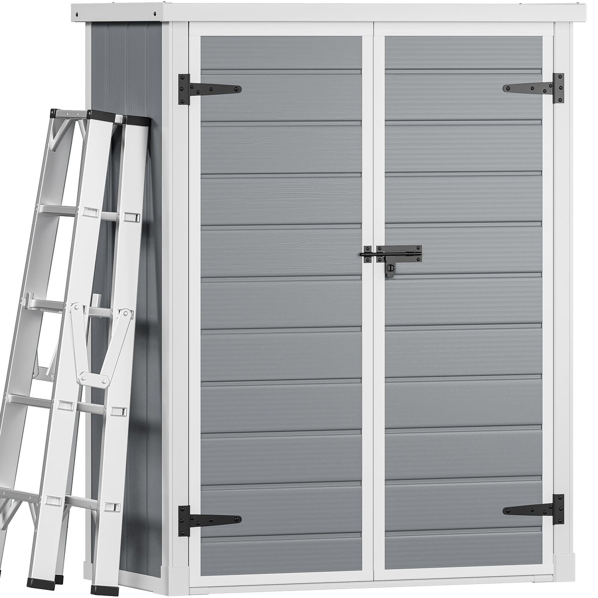 DWVO Outdoor Tall Storage Shed 50 Cuft with 2 Shelves, 4.3x2x5.5ft Vertical Tool Shed with Floor & Lockable Doors, Sturdy Double-Wall Plastic Cabinet for Garbage Cans and Garden Equipment