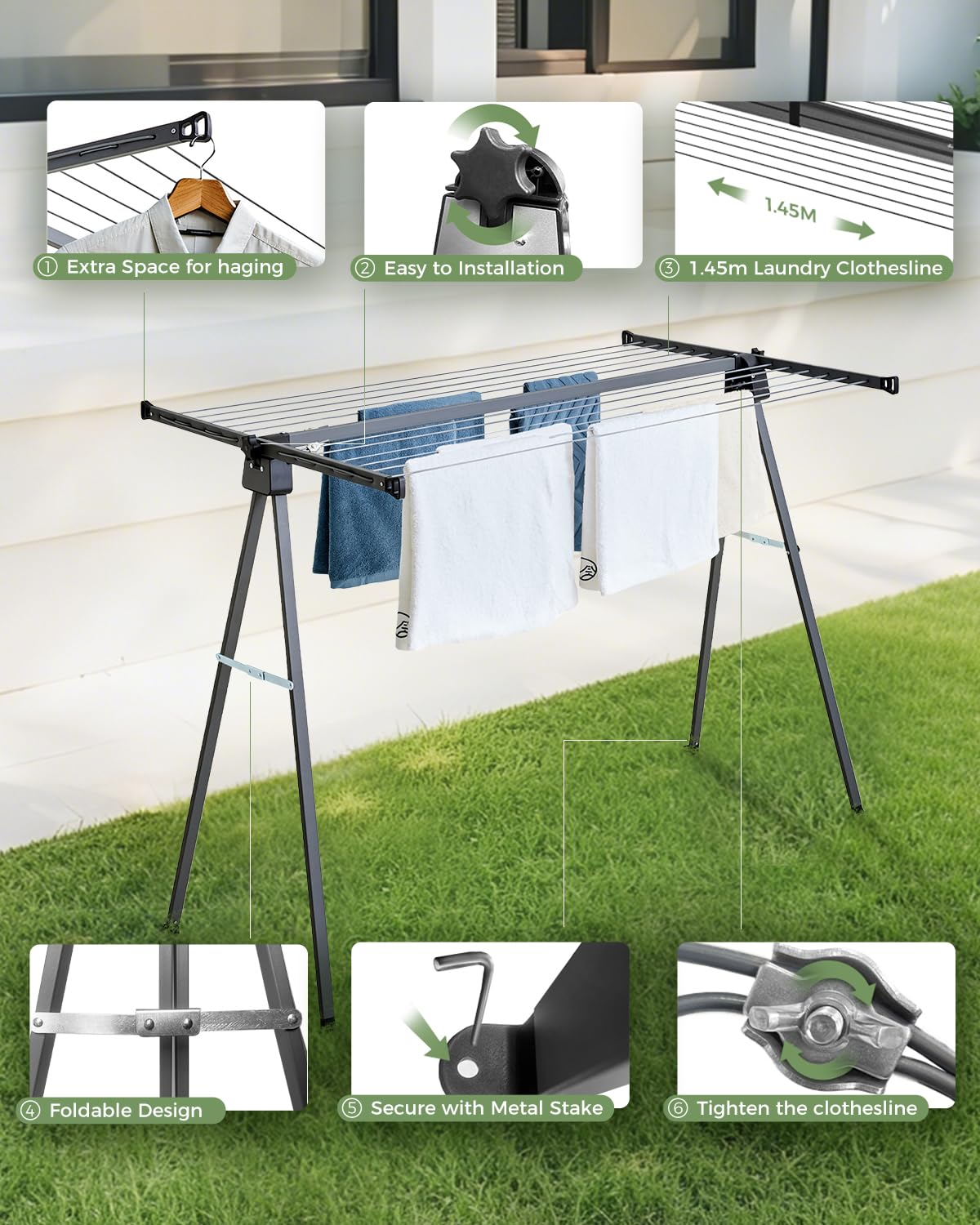 JS Hanger Clothes Drying Rack with 46FT Clothesline, Heavy Duty Folding Outdoor Laundry Rack | Portable Compact for Apartments, Balcony, Patio