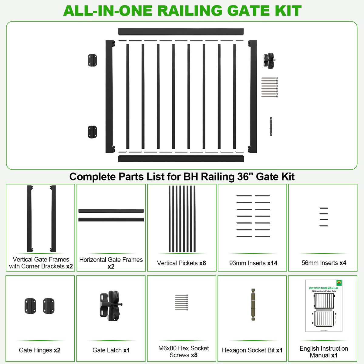 BH Railing 36" H x 40" W Heavy Duty Aluminum Picket Gate Kit – Modern Minimalist Design, AAMA 2604 Powder-Coated Textured Black, Rust & Corrosion Resistant, Maintenance-Free, Easy Installation