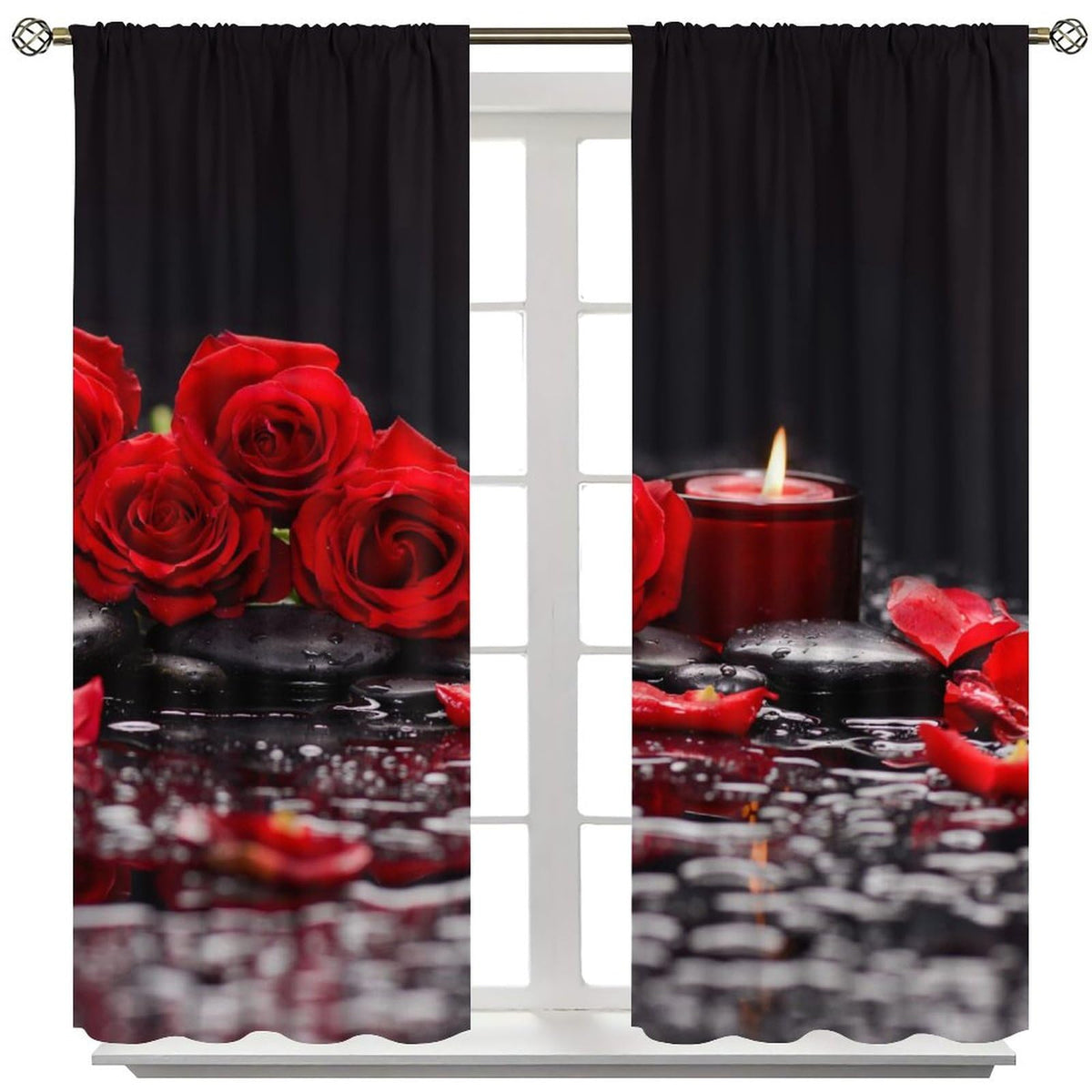 AAVEUP Red Rose Curtains for Girls,Raindrops Stone Candle Aesthetic Red Art Flower Rose Water Flower Window Drapes Print for Kids Women Bedroom Living Room Bathroom 42x45in(No Blackout)