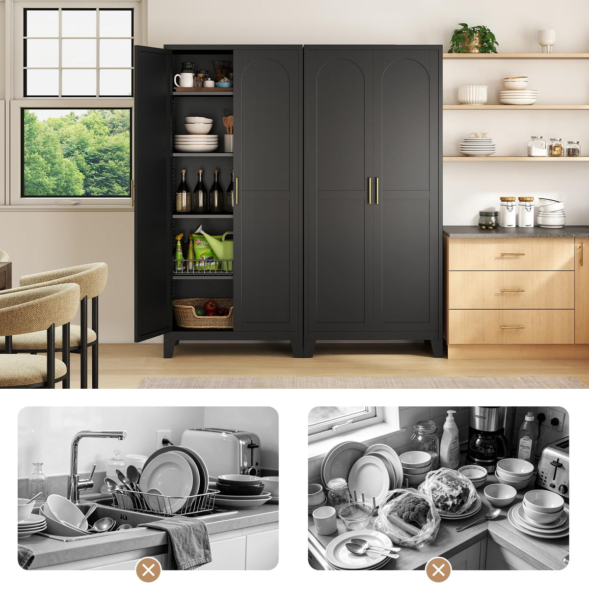 Zevemomo 70.87" H Metal Kitchen Pantry Cabinet, Freestanding Cupboard with 2 Doors and 4 Adjustable Shelves, Tall Metal Storage Cabinet for Kitchen, Bathroom, Dinning Room or Laundry Room (Black)