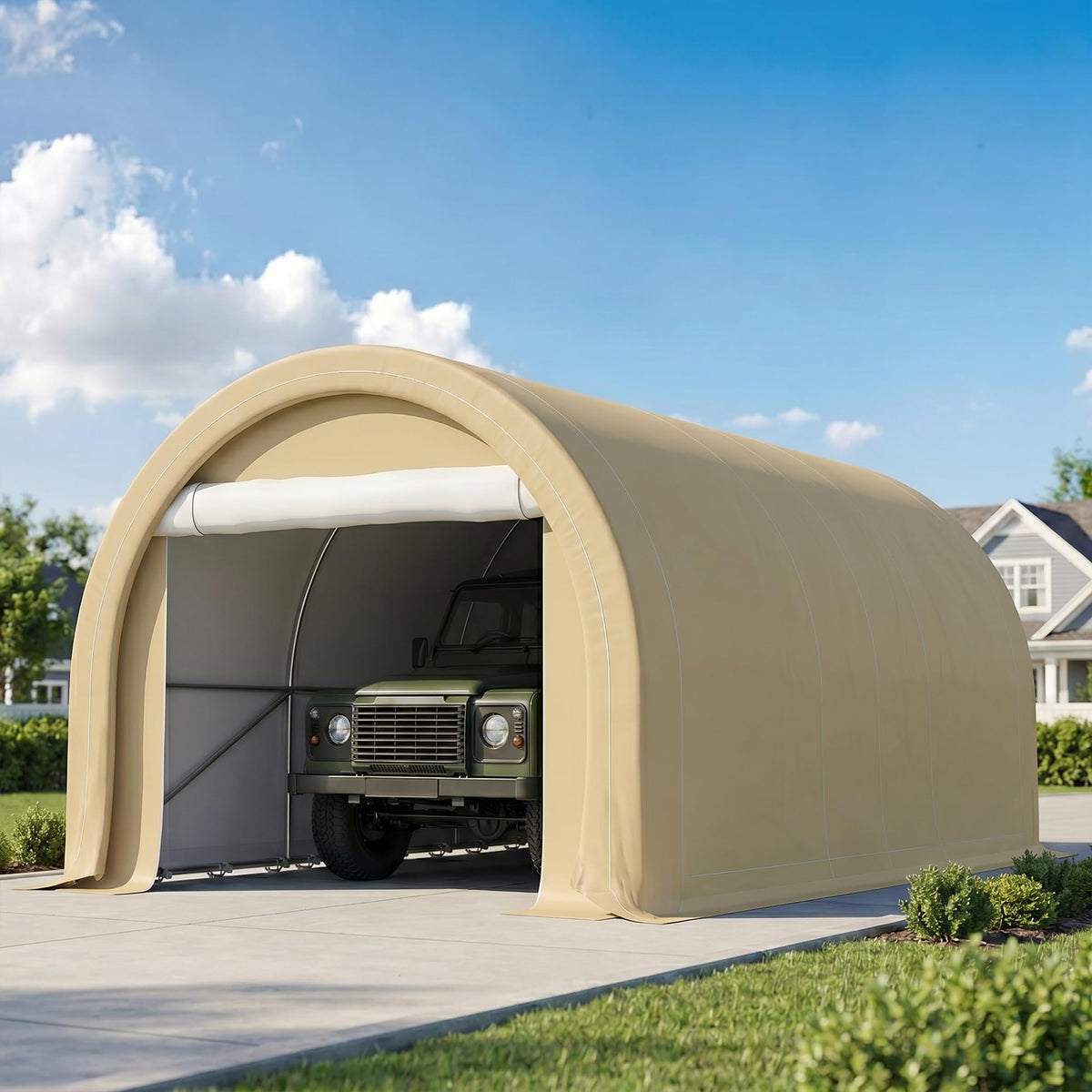 Outsunny 10' x 16' Carport, Heavy Duty Portable Garage Storage Tent with Large Zippered Door, Anti-UV PE Canopy Cover for Car, Truck, Boat, Motorcycle, Bike, Garden Tools, Outdoor Work, Beige