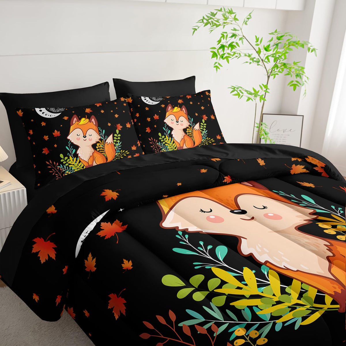 XYNHML Cartoon Fox Comforter Set 7Pcs Cute Fox Bedding Set for Kid Boy Girl Adult Moon Plants Leaves Printed Quilt Set Twin with 2 Sheets,2 Pillowcases,2 Throw Pillow Covers