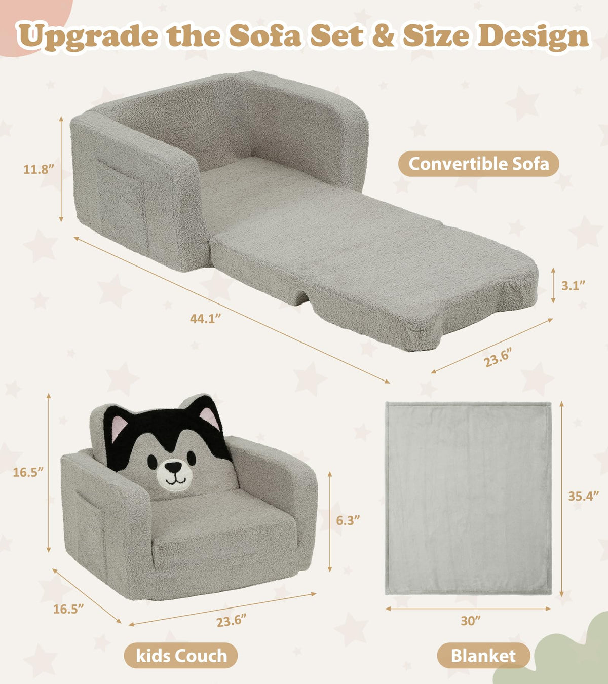 Foryoomi Upgraded Kids Couch, 2-in-1 Soft Top-Flip Fold Out with Blanket, Comfy Convertible Plush Sofa Chair, Great Gifts for Little Ones, Husky