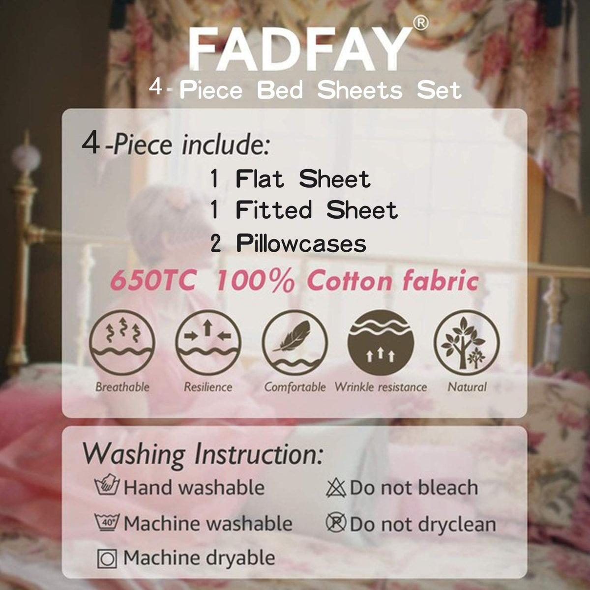 FADFAY Cotton Rose Floral Print Bed Sheets 4-Piece King Size