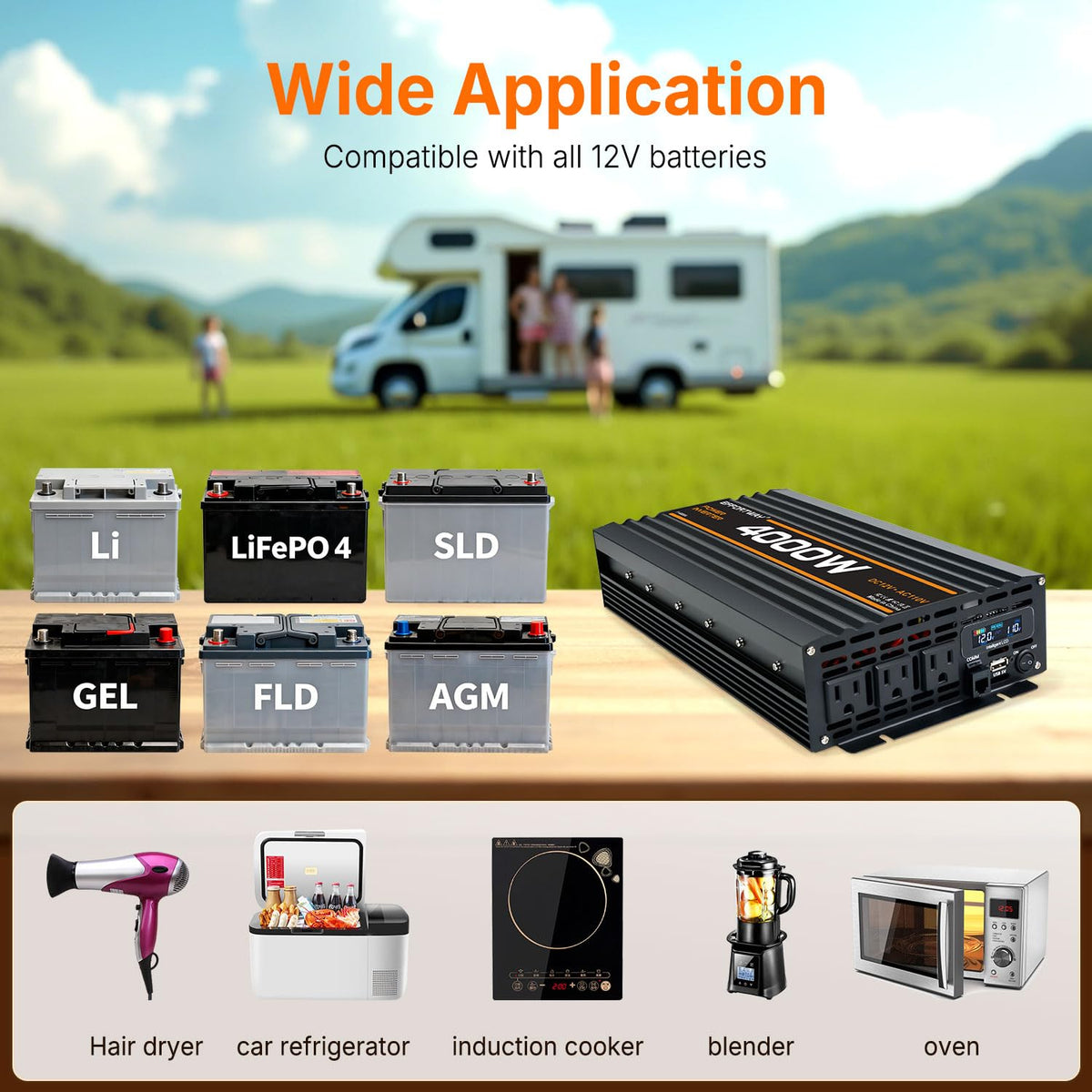 EFFORTWAY 4000W Power Inverter, 12V DC to 110V/120V Modified Sine Wave Inverter with 3 AC Outlets, USB Port, Wired Remote Controller, Car Power Inverter for RV, Truck, Boat, Camping, Off-Grid