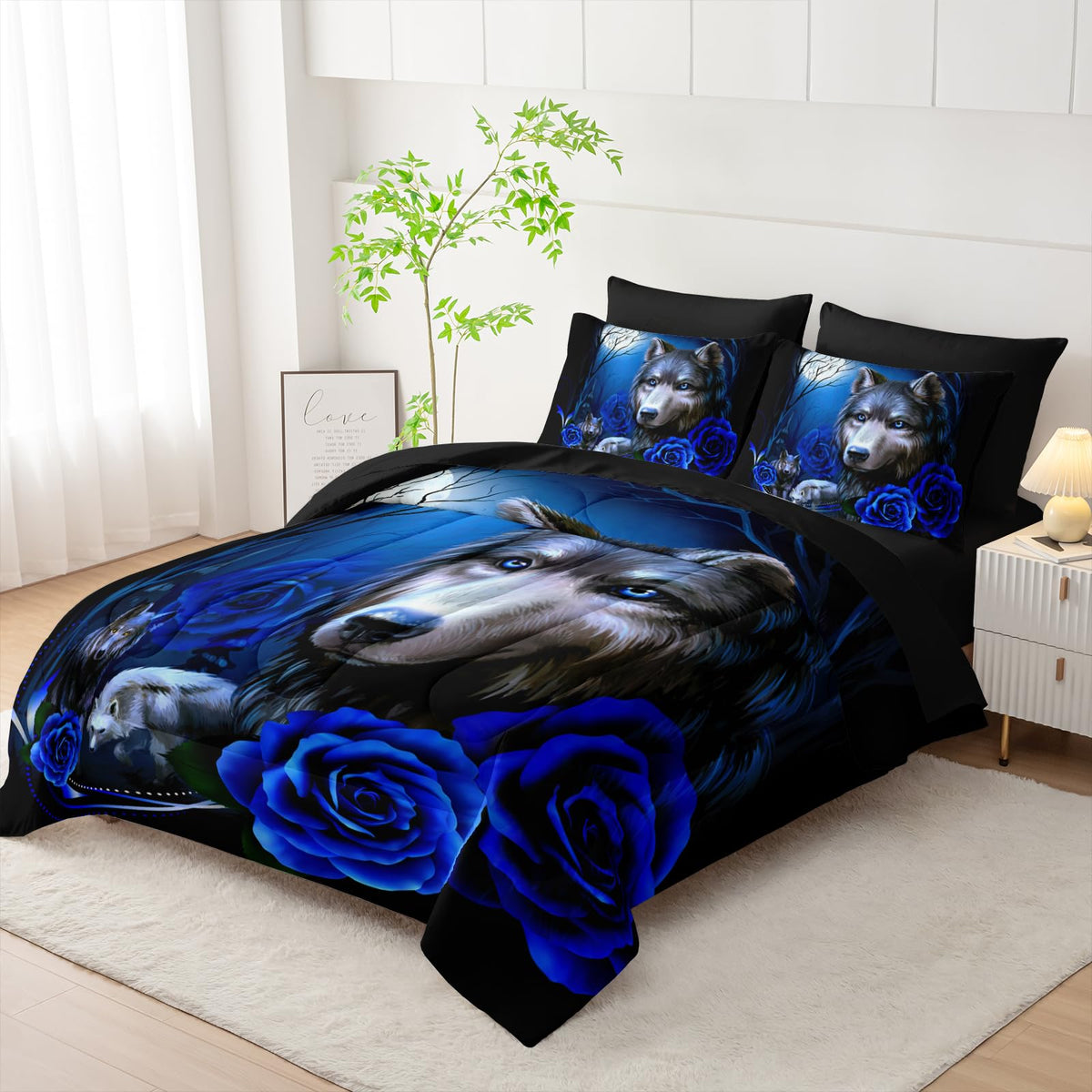Tuzaovy Wolf Comforter Set 7 Piece Twin Size Bed in A Bag,Animal Bedding for Room Decor,Soft Wolf Comforter Blue Rose Bedding with Fitted Sheet,Flat Sheet, Pillowcases & Shams