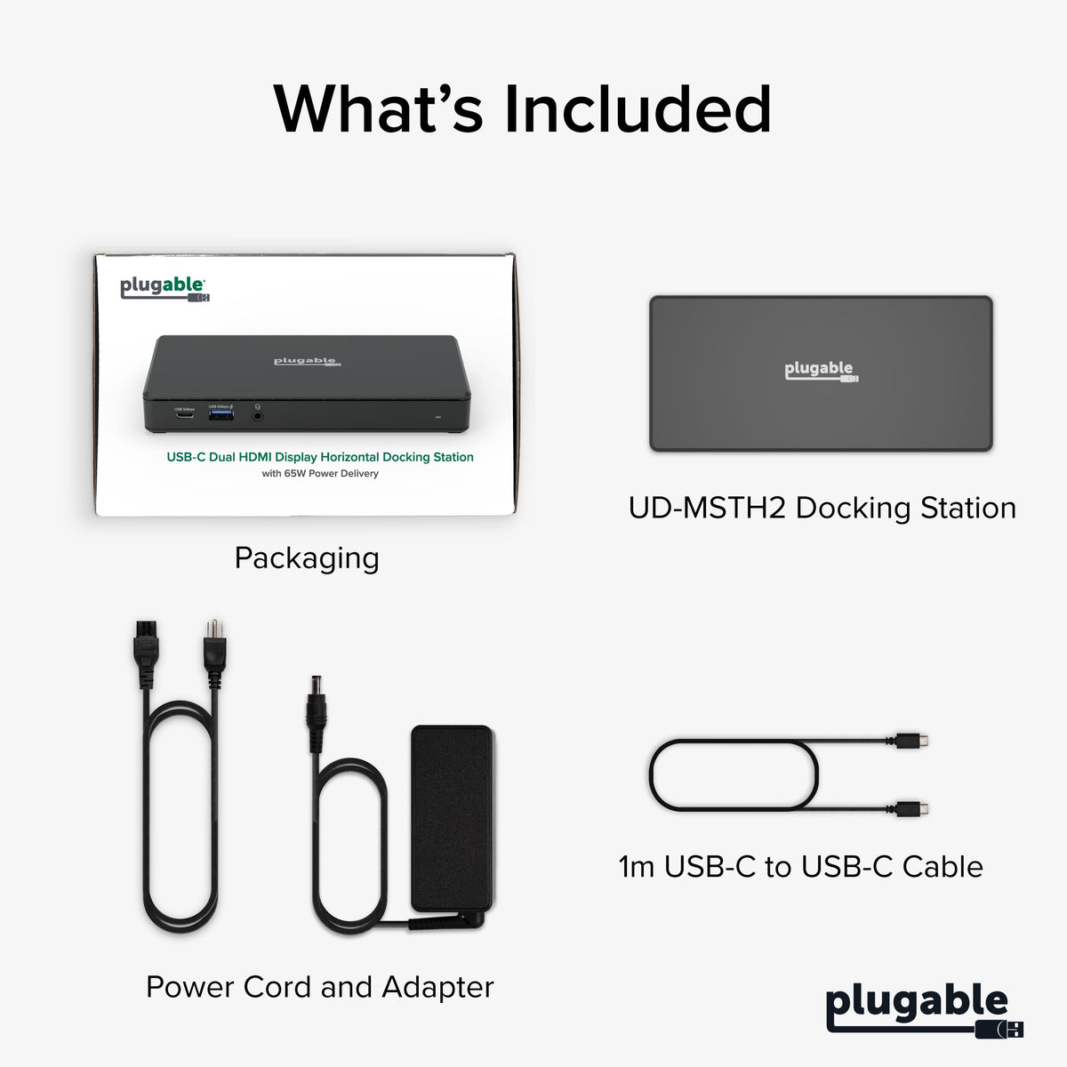Plugable USB-C Docking Station Dual 4K 60Hz HDMI, 65W Charging, Gigabit Ethernet, 1x USB-C 5Gbps, 3X USB-A, Audio, Windows/ChromeOS, USB-C/USB4/Thunderbolt, Driverless (UD-MSTH2)