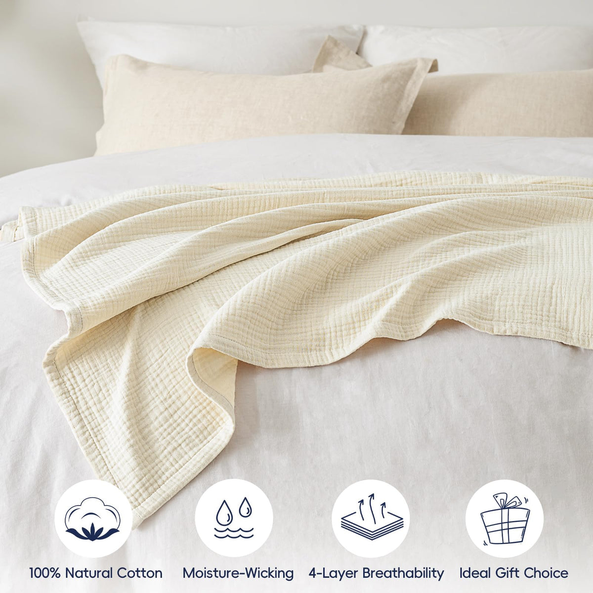 PHF 100% Cotton Muslin Throw Blanket 50" x 60", 4-Layer Lightweight Gauze Throw, Breathable Cloud-Soft Minimalist Blanket for Bed, Couch, Camping, Birch, Ideal Gift