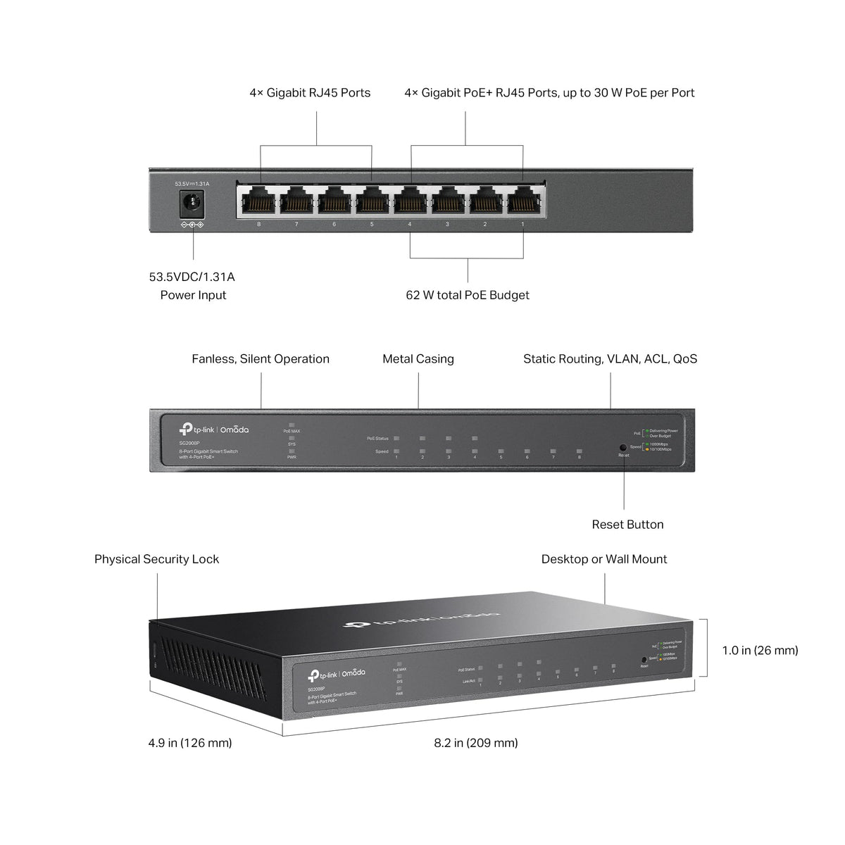 TP-Link TL-SG2008P | Jetstream 8 Port Gigabit Smart Managed PoE Switch | 4 PoE+ Port @62W | Omada SDN Integrated | PoE Recovery | IPv6 | Static Routing | L2/L3/L4 QoS |Limited Lifetime Protection
