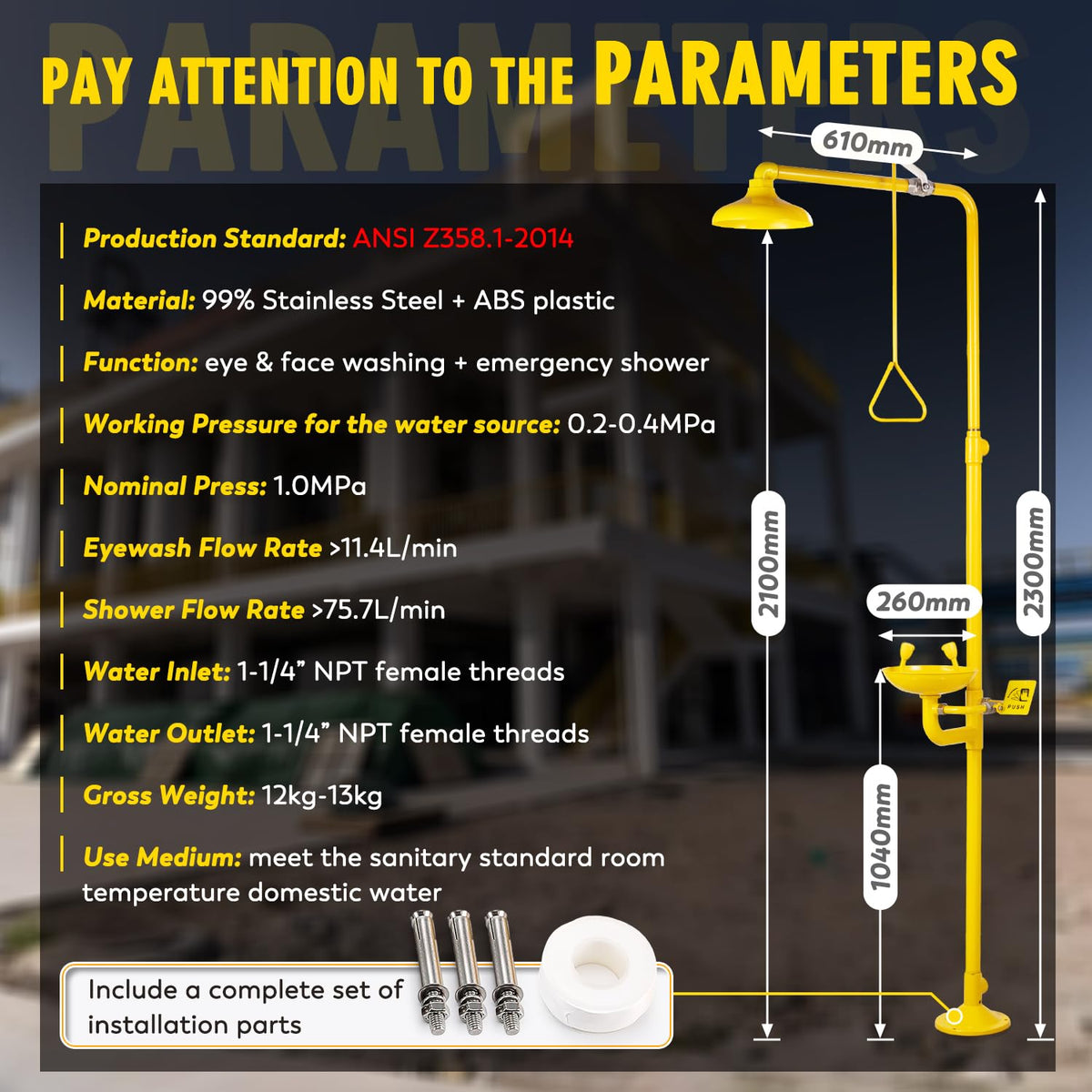 CGOLDENWALL Emergency Shower Eye Wash Station Combination Eye Wash Station with Shower, NPT Thread, with Emergency Sign, 304 Stainless Steel+Yellow Coating