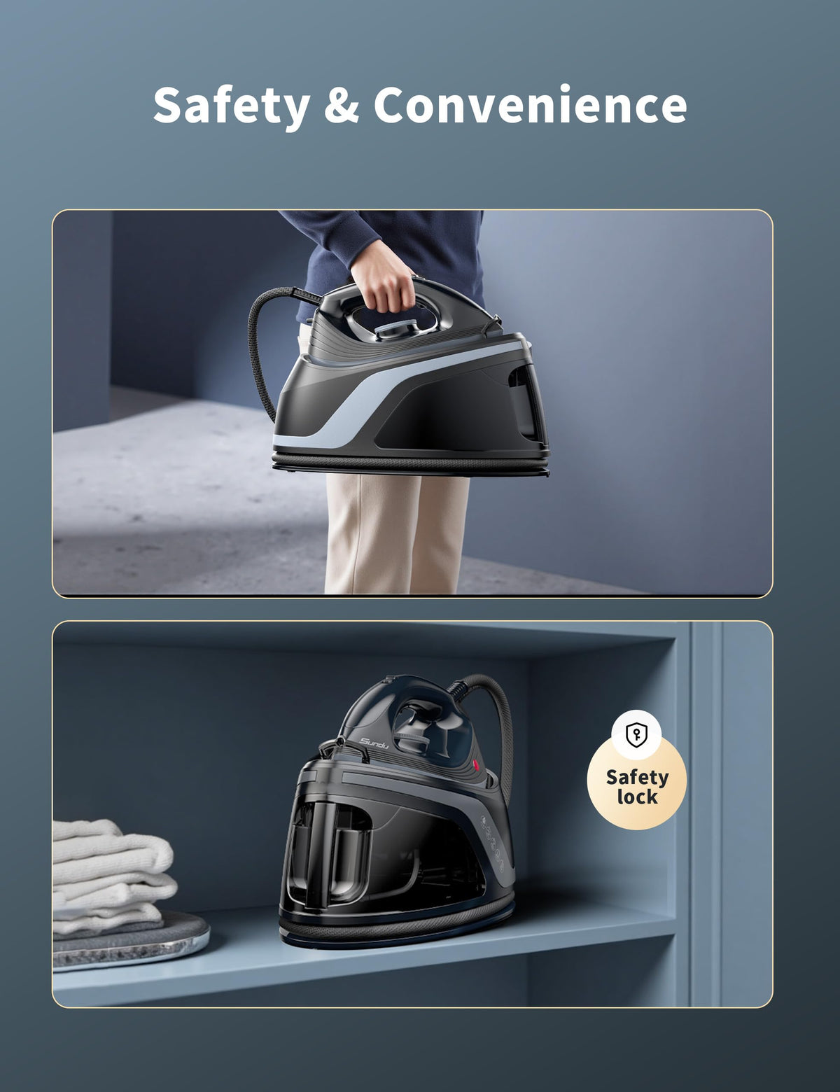 Sundu Mini Travel Steam Iron, 1000W Portable Small Iron with Non-Stick Plate, 300 Steam Holes, 90ml Tank, Safety Base & Digital Temp Control for Quilting Sewing Classic Black