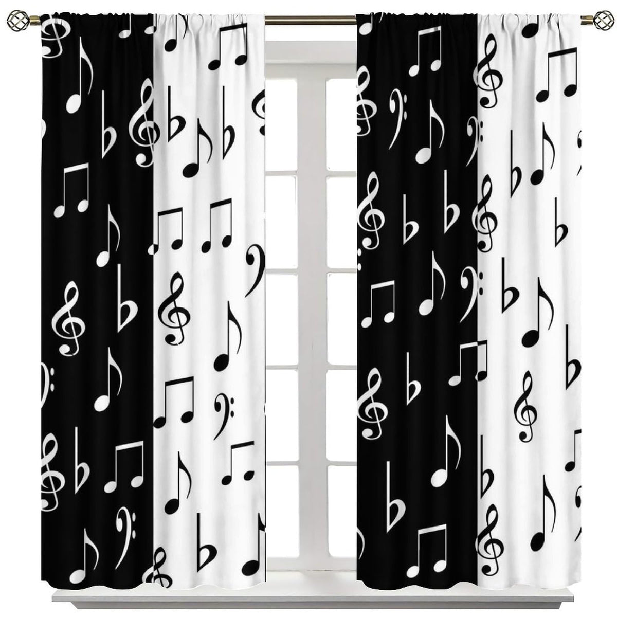 HZOHNAGO Music Curtain Black and White Music Notes Pattern Blackout Print Rod Pocket Window Drapes for Bedroom Living Room 42x45in